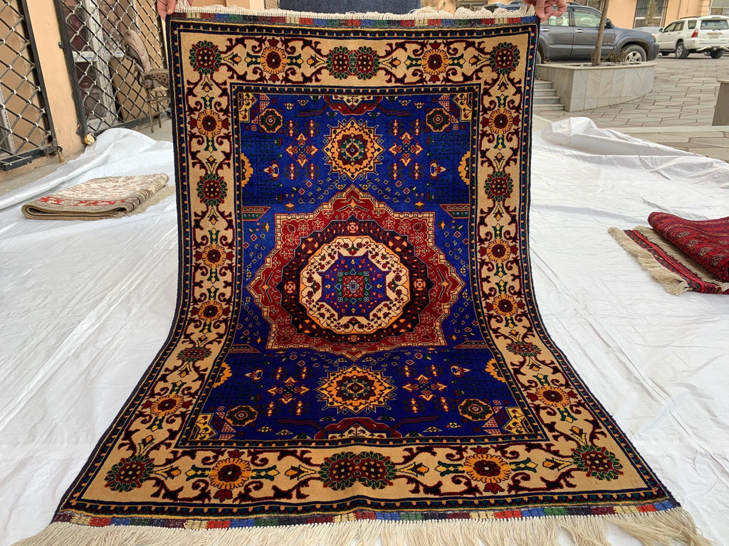 5x3 Handmade Afghan Navy Blue Beljik Sitara Naksha Runner | Wool Tribal Hallway Rug | Oriental Runner | Boho Home Decor Carpet 4.9x3.4 ft