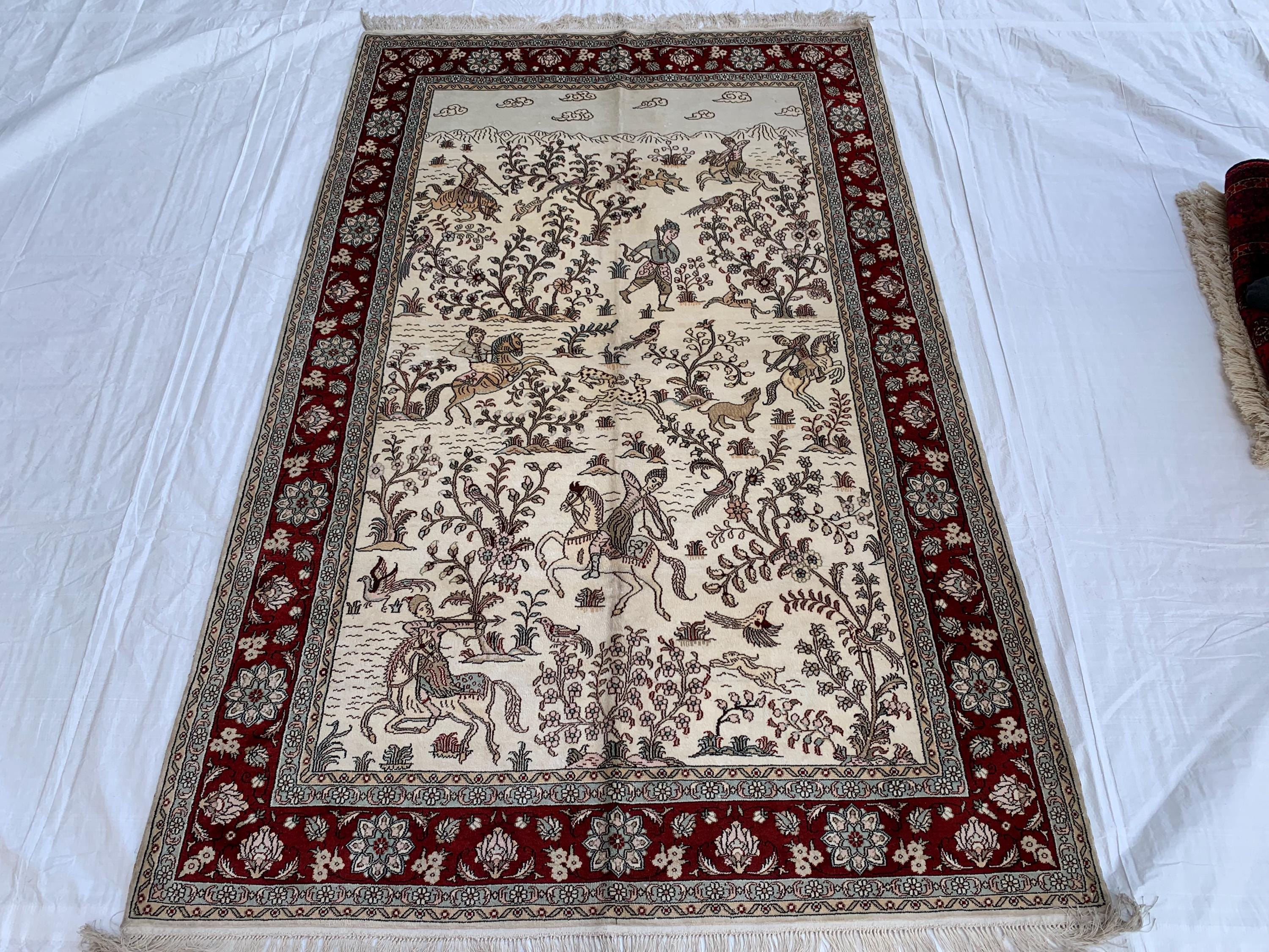 Handmade Silk Shikari Hunter Rug – 6.1x4 ft | Vintage Afghan Tribal Carpet | Handwoven Oriental Rug | Boho Decorative Silk Rug | Home Decor