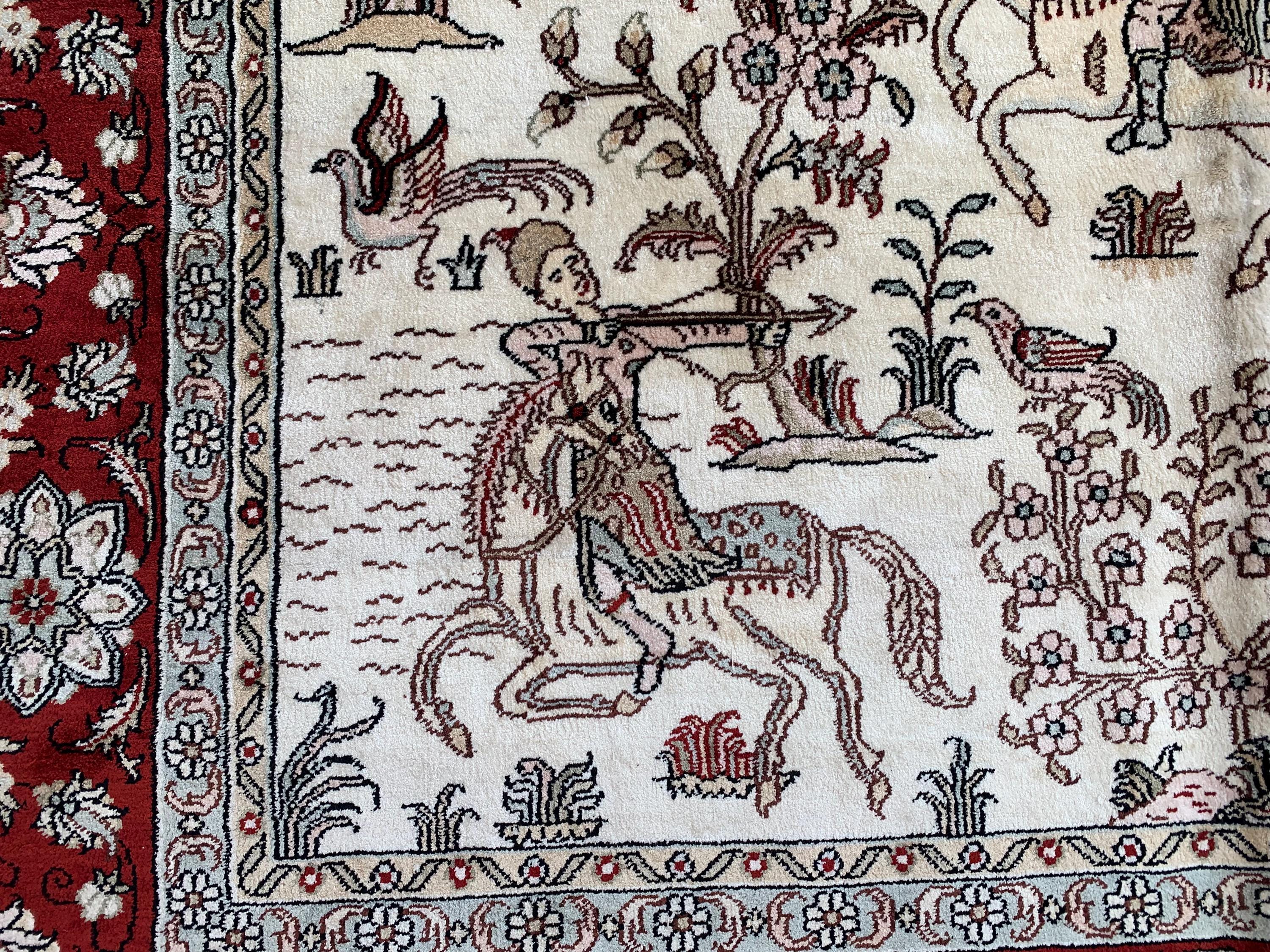 Handmade Silk Shikari Hunter Rug – 6.1x4 ft | Vintage Afghan Tribal Carpet | Handwoven Oriental Rug | Boho Decorative Silk Rug | Home Decor