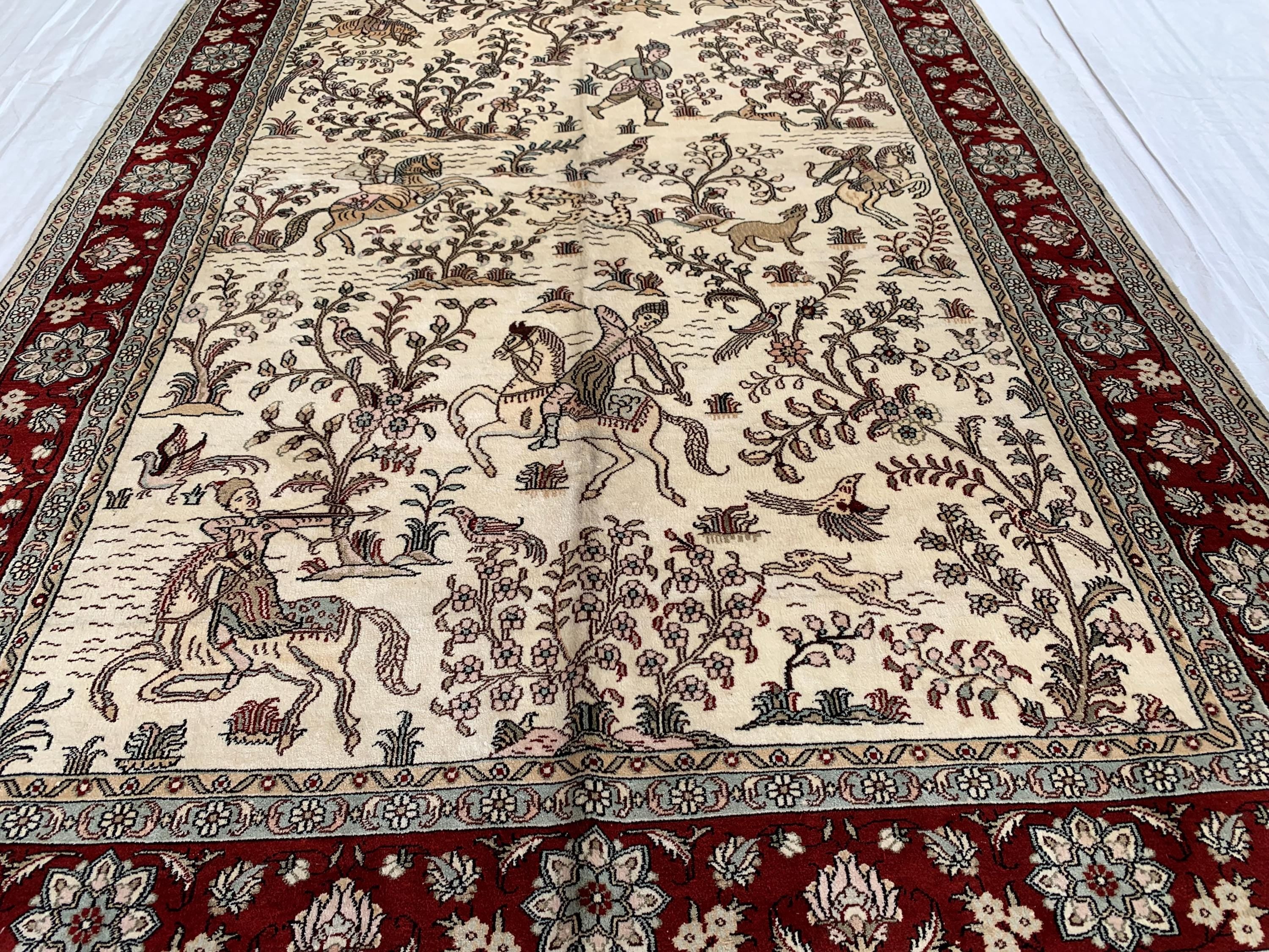 Handmade Silk Shikari Hunter Rug – 6.1x4 ft | Vintage Afghan Tribal Carpet | Handwoven Oriental Rug | Boho Decorative Silk Rug | Home Decor