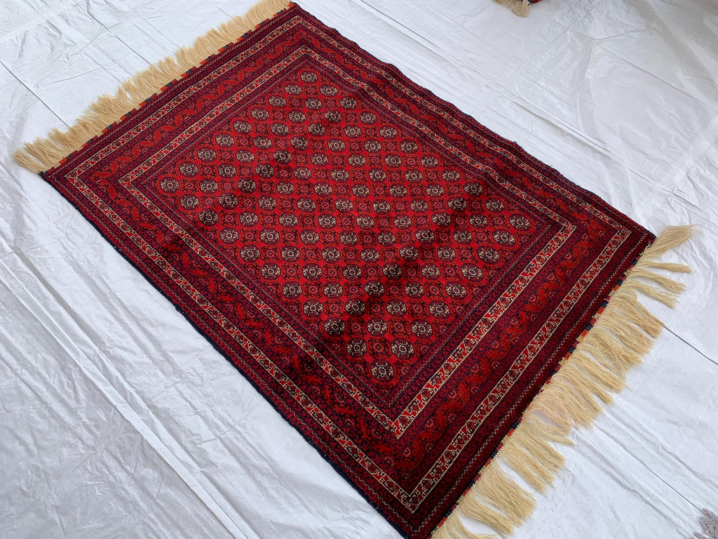 5x3 Handmade Small Red Beljik Khwaja Roshnai Rug | Afghan Tribal Carpet | Red Handwoven Oriental Rug | Boho Decorative Rug, 4.6x3.3 ft