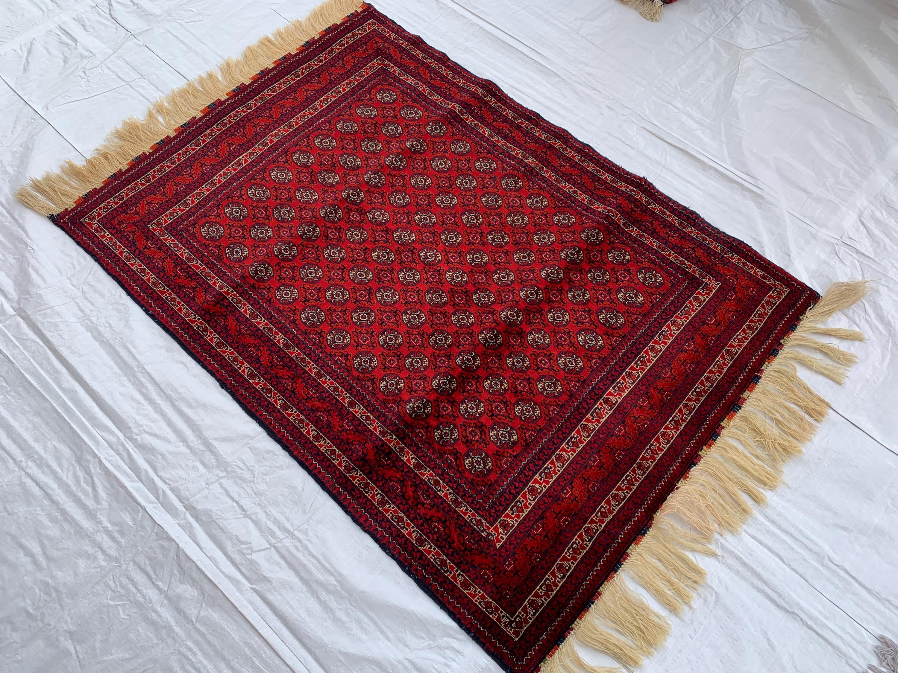 5x3 Handmade Small Red Beljik Khwaja Roshnai Rug | Afghan Tribal Carpet | Red Handwoven Oriental Rug | Boho Decorative Rug, 4.6x3.3 ft