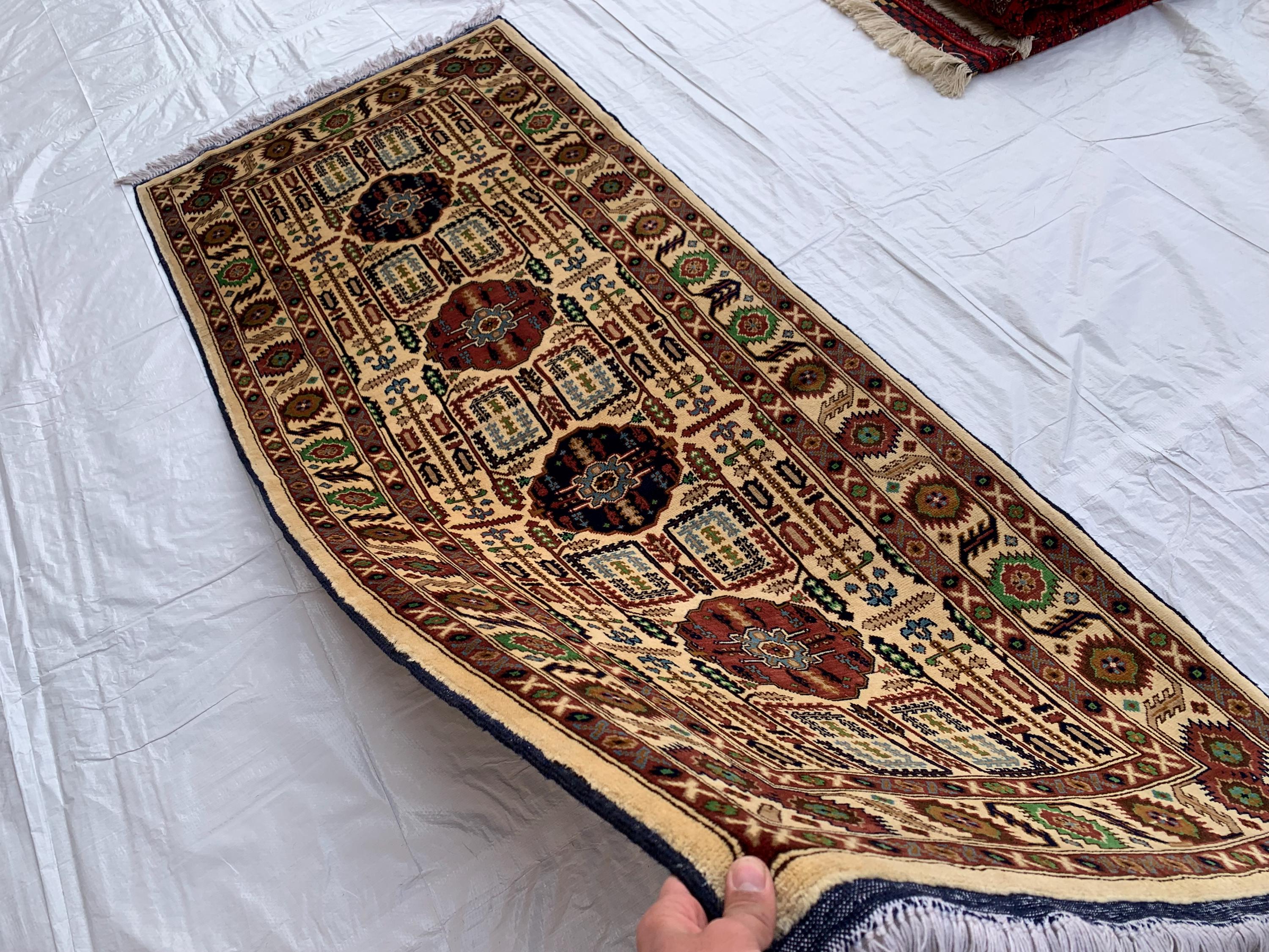 7x3 Handmade Afghan Gandum Naksha Runner Rug | Wool Hallway Rug | Boho Tribal Carpet | Oriental Medium Runner | Rustic Home Decor 6.9x3.2 ft