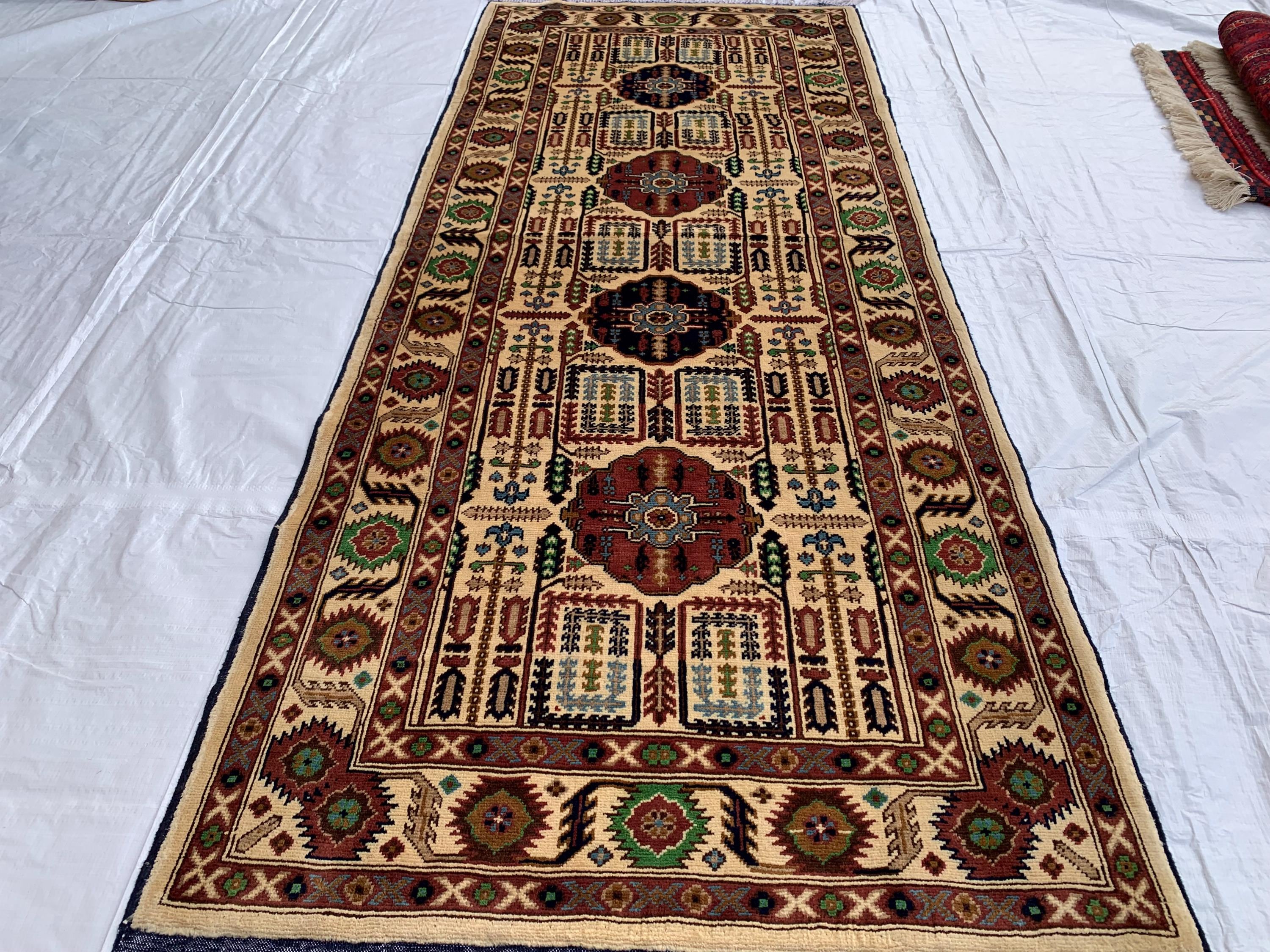7x3 Handmade Afghan Gandum Naksha Runner Rug | Wool Hallway Rug | Boho Tribal Carpet | Oriental Medium Runner | Rustic Home Decor 6.9x3.2 ft