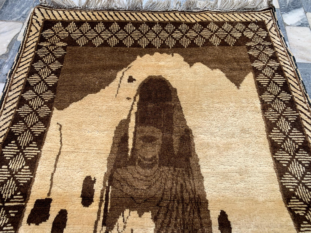 Bamyan Buddha Statue Design 4.3x2.7 ft Handmade Afghan Rug - Unique Vintage Wool Carpet, Wall Hanging Rug, Collectible item