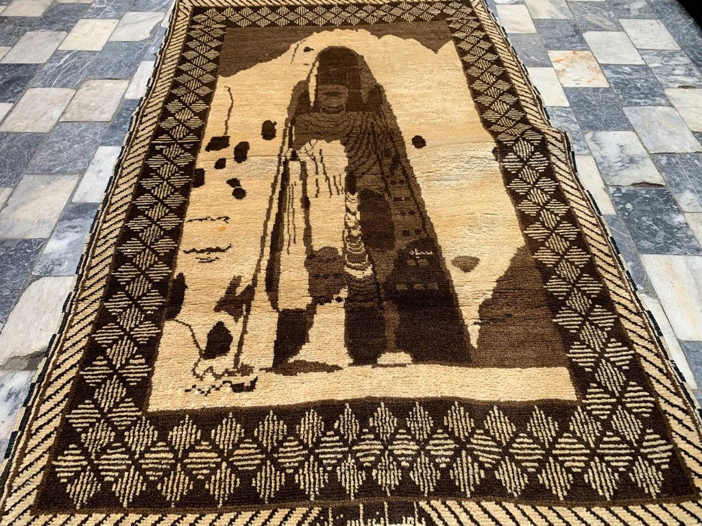Bamyan Buddha Statue Design 4.3x2.7 ft Handmade Afghan Rug - Unique Vintage Wool Carpet, Wall Hanging Rug, Collectible item