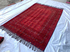 Collectible Rug, 80-Year-Old Tribal Waziri Vintage Rug Handwoven Afghan Carpet 9.6x6.5 ft, Authentic Traditional Design, Red Area Rug, 7x10