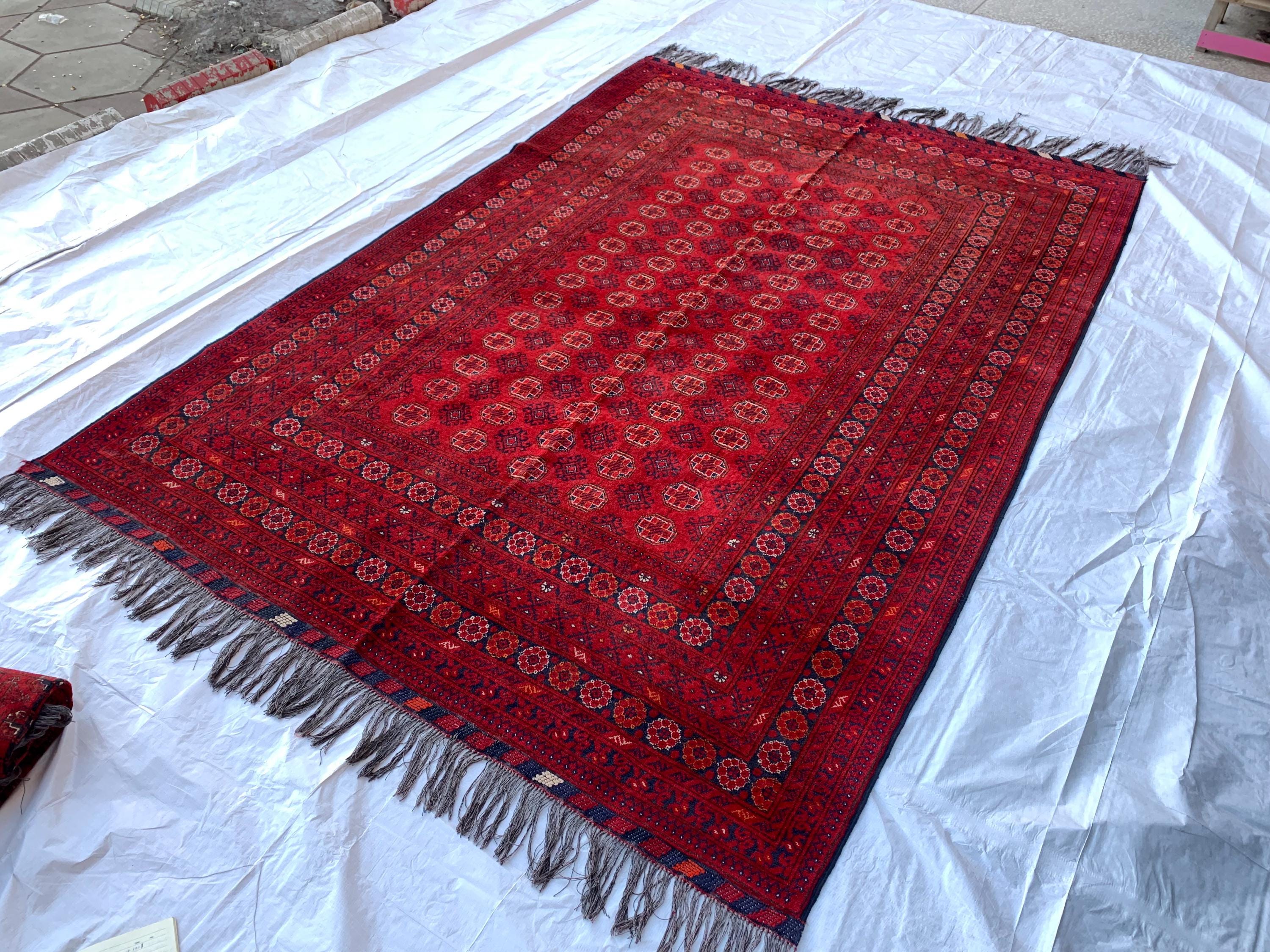 Collectible Rug, 80-Year-Old Tribal Waziri Vintage Rug Handwoven Afghan Carpet 9.6x6.5 ft, Authentic Traditional Design, Red Area Rug, 7x10