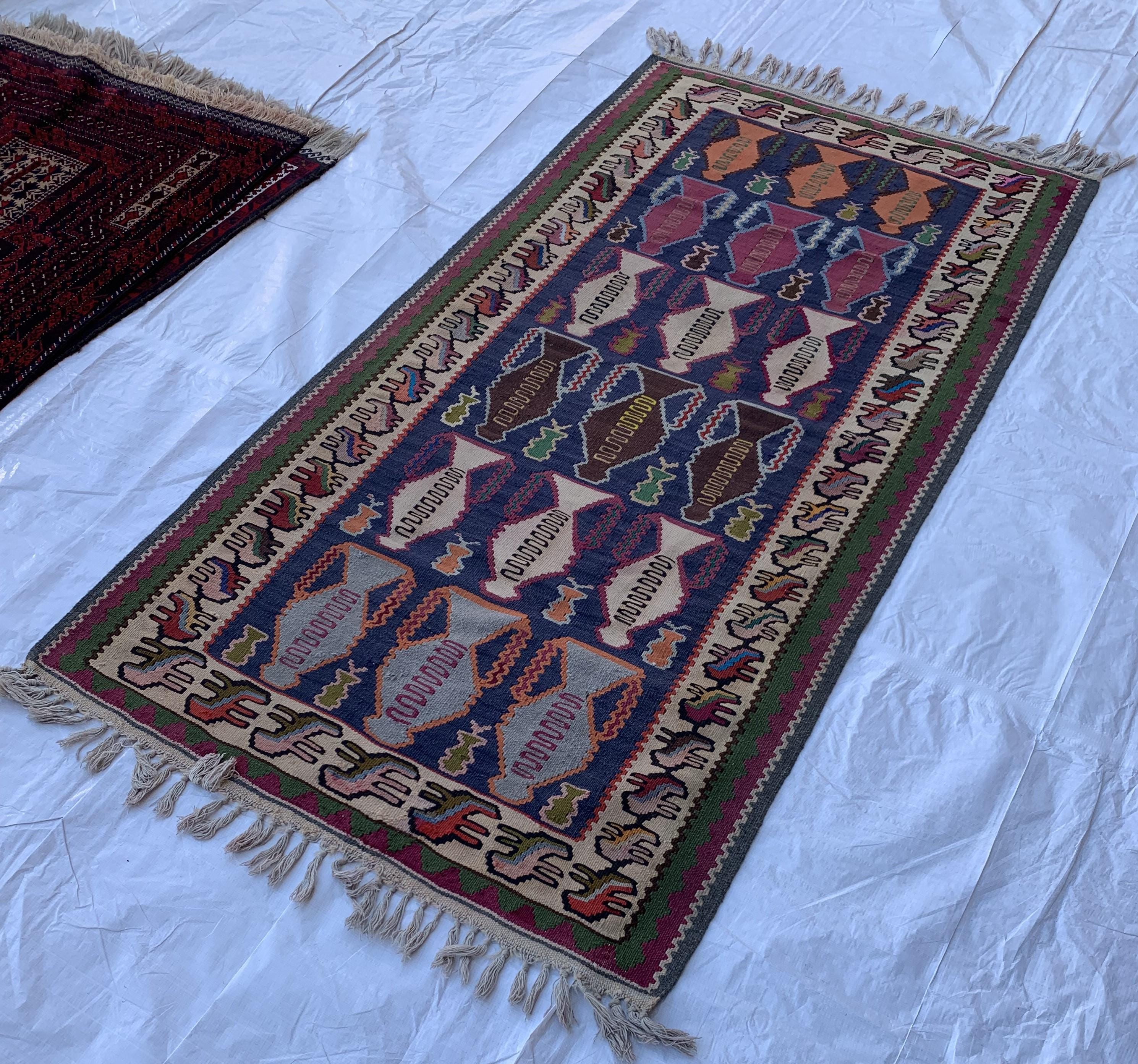 Vintage Flower Pot Kilim 6.1x3.3 ft – Handwoven, Traditional Persian, Boho Chic, Unique Home Décor, Vintage Rug, Farmhouse Rug, Kitchen Rug
