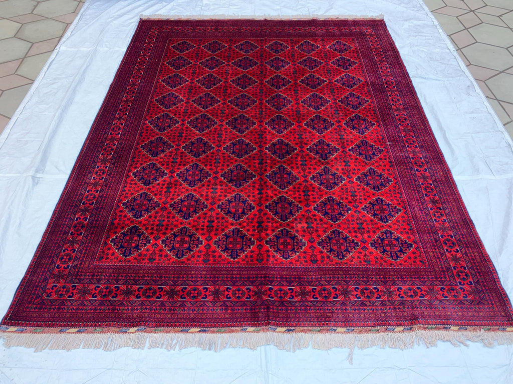 9x12 Hand-Knotted Khamyab Rug Red & Navy Blue Afghan Wool Carpet, Traditional Tribal Area Rug, Rug for Living Room, Dining Room 9.6x12.5 ft