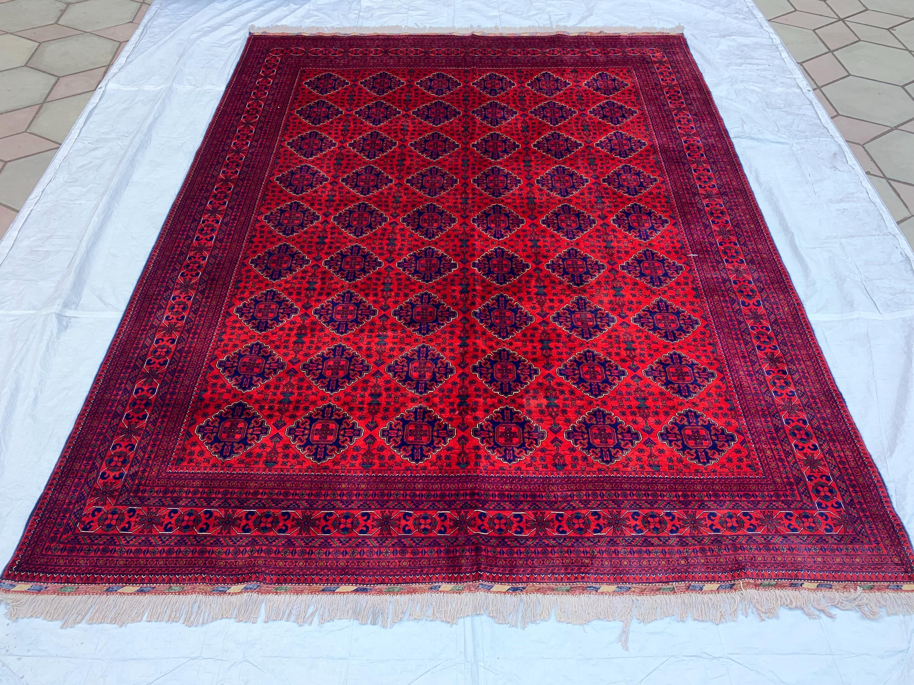 9x12 Hand-Knotted Khamyab Rug Red & Navy Blue Afghan Wool Carpet, Traditional Tribal Area Rug, Rug for Living Room, Dining Room 9.6x12.5 ft