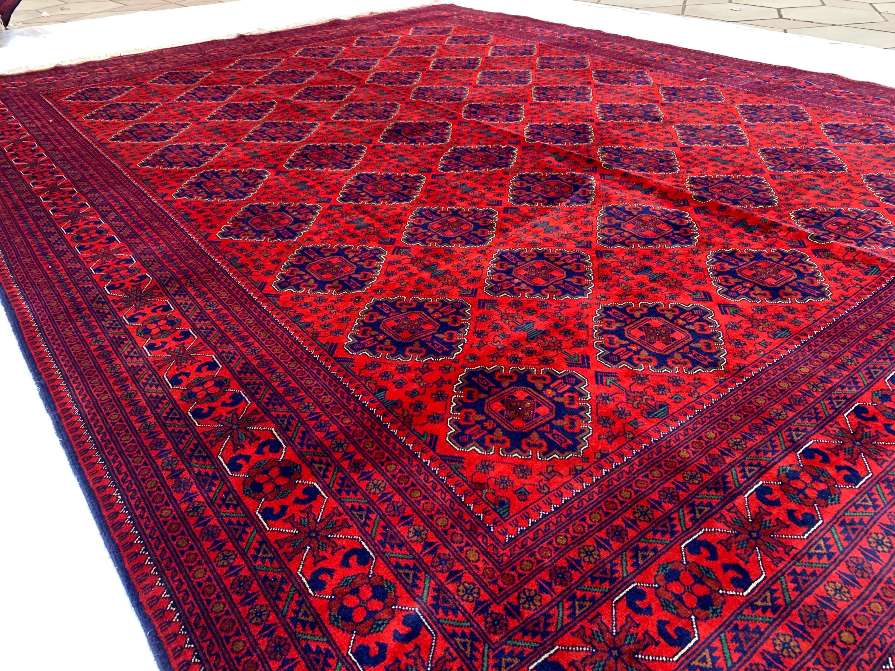 9x12 Hand-Knotted Khamyab Rug Red & Navy Blue Afghan Wool Carpet, Traditional Tribal Area Rug, Rug for Living Room, Dining Room 9.6x12.5 ft