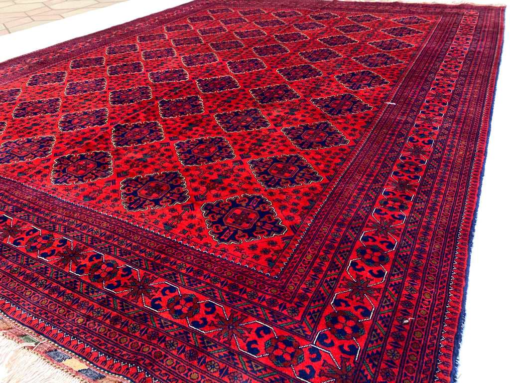 9x12 Hand-Knotted Khamyab Rug Red & Navy Blue Afghan Wool Carpet, Traditional Tribal Area Rug, Rug for Living Room, Dining Room 9.6x12.5 ft