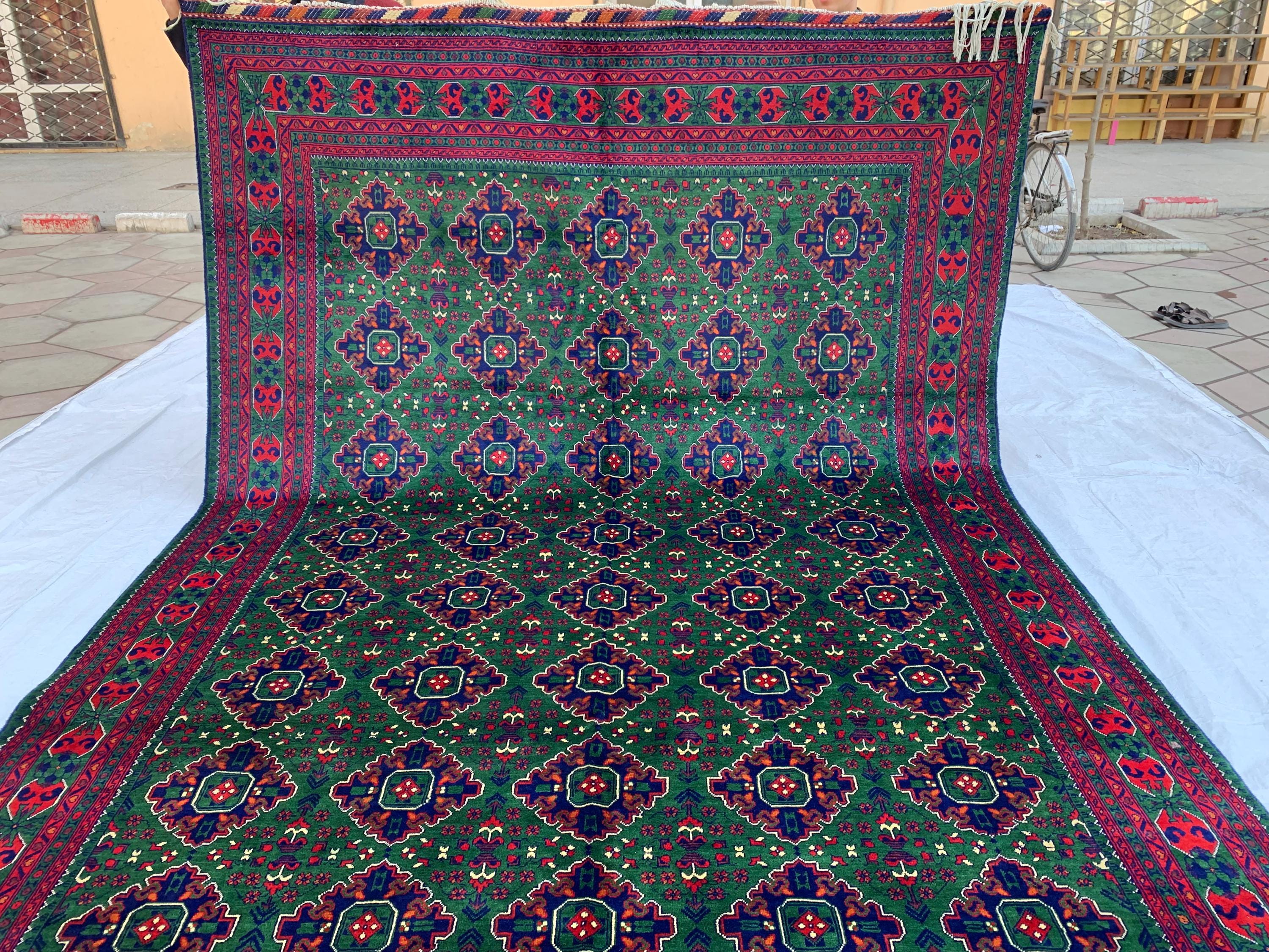 10x12 Hand-Knotted Deep Green, Red and Blue, Soft and Durable Afghan Wool Carpet, Tribal Oriental Area Rug, Rug For Living Room, 11.5x9.6