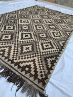 10x7 Handwoven Afghan Vintage Kilim Rug Geometric Tribal Wool Flatweave Carpet in Neutral Tones, Rugs For living Room, Farmhouse Rug 9.5x6.7