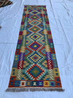 10x3 Handwoven Afghan Chobi Kilim Runner - Multicolor Wool Rug with Geometric Tribal Design, Perfect for Hallway, Entryway Decor 9.7x2.7 ft