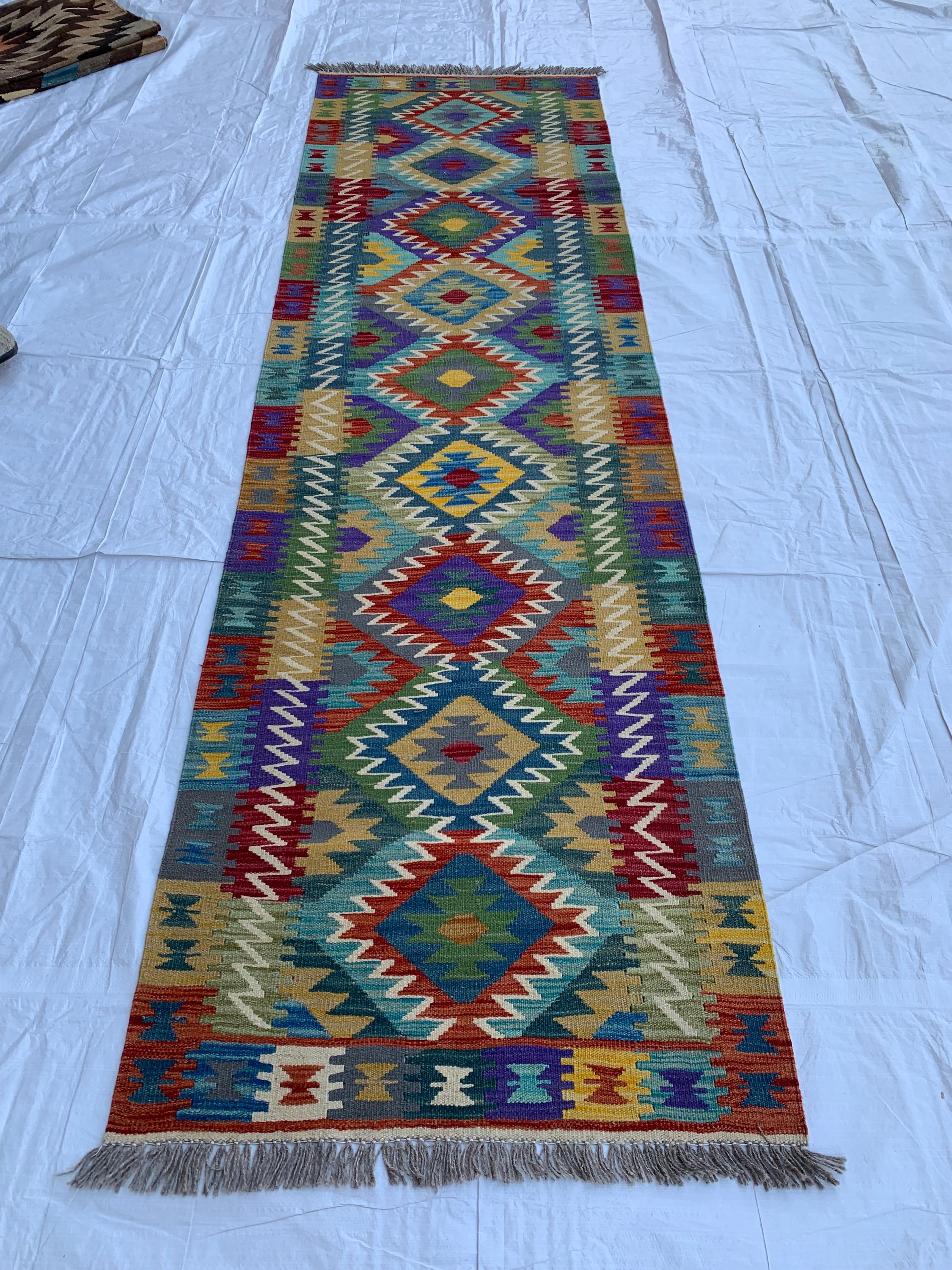 10x3 Handwoven Afghan Chobi Kilim Runner - Multicolor Wool Rug with Geometric Tribal Design, Perfect for Hallway, Entryway Decor 9.7x2.7 ft