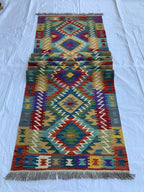 10x3 Handwoven Afghan Chobi Kilim Runner - Multicolor Wool Rug with Geometric Tribal Design, Perfect for Hallway, Entryway Decor 9.7x2.7 ft