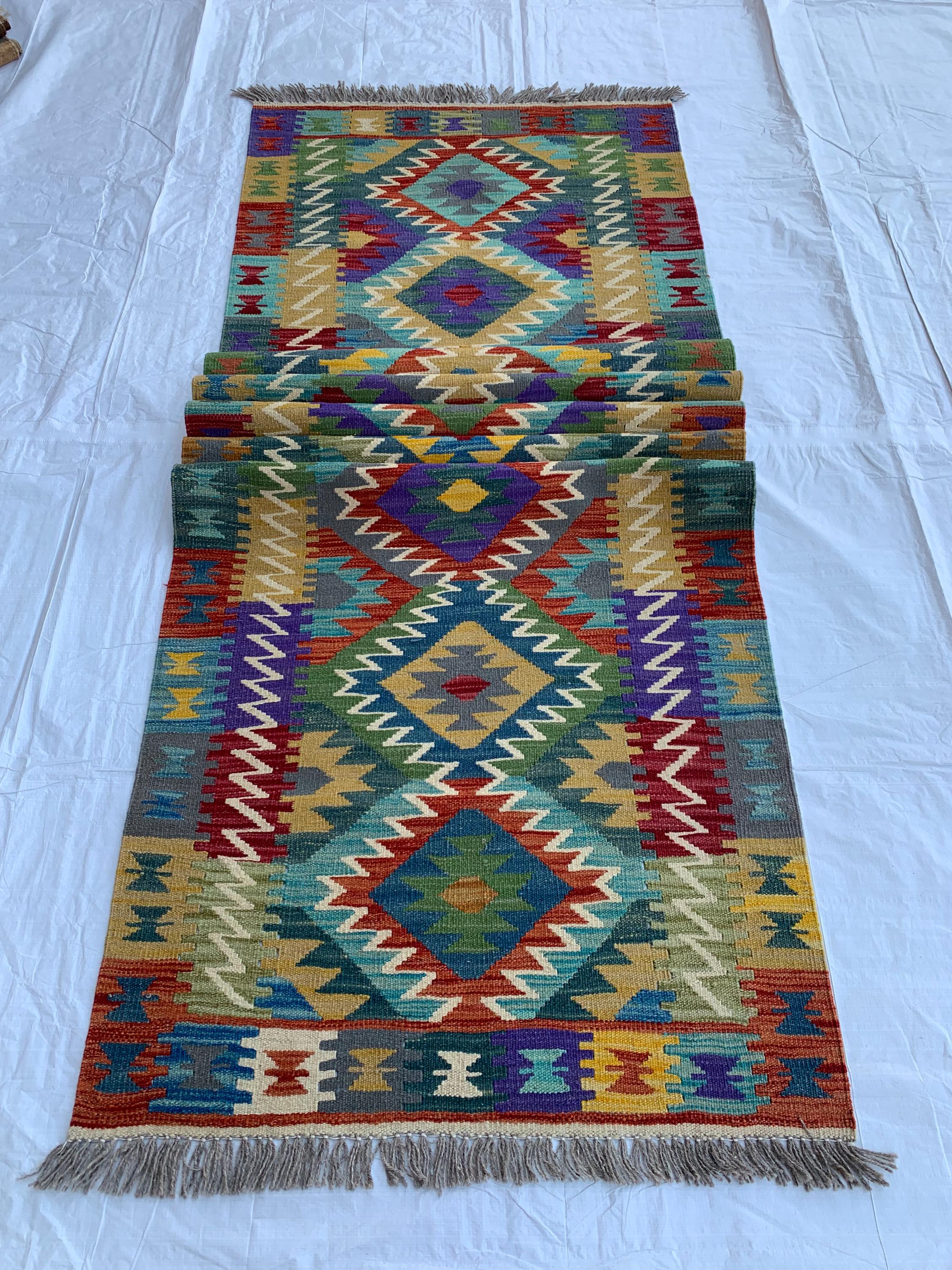 10x3 Handwoven Afghan Chobi Kilim Runner - Multicolor Wool Rug with Geometric Tribal Design, Perfect for Hallway, Entryway Decor 9.7x2.7 ft