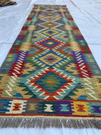 10x3 Handwoven Afghan Chobi Kilim Runner - Multicolor Wool Rug with Geometric Tribal Design, Perfect for Hallway, Entryway Decor 9.7x2.7 ft