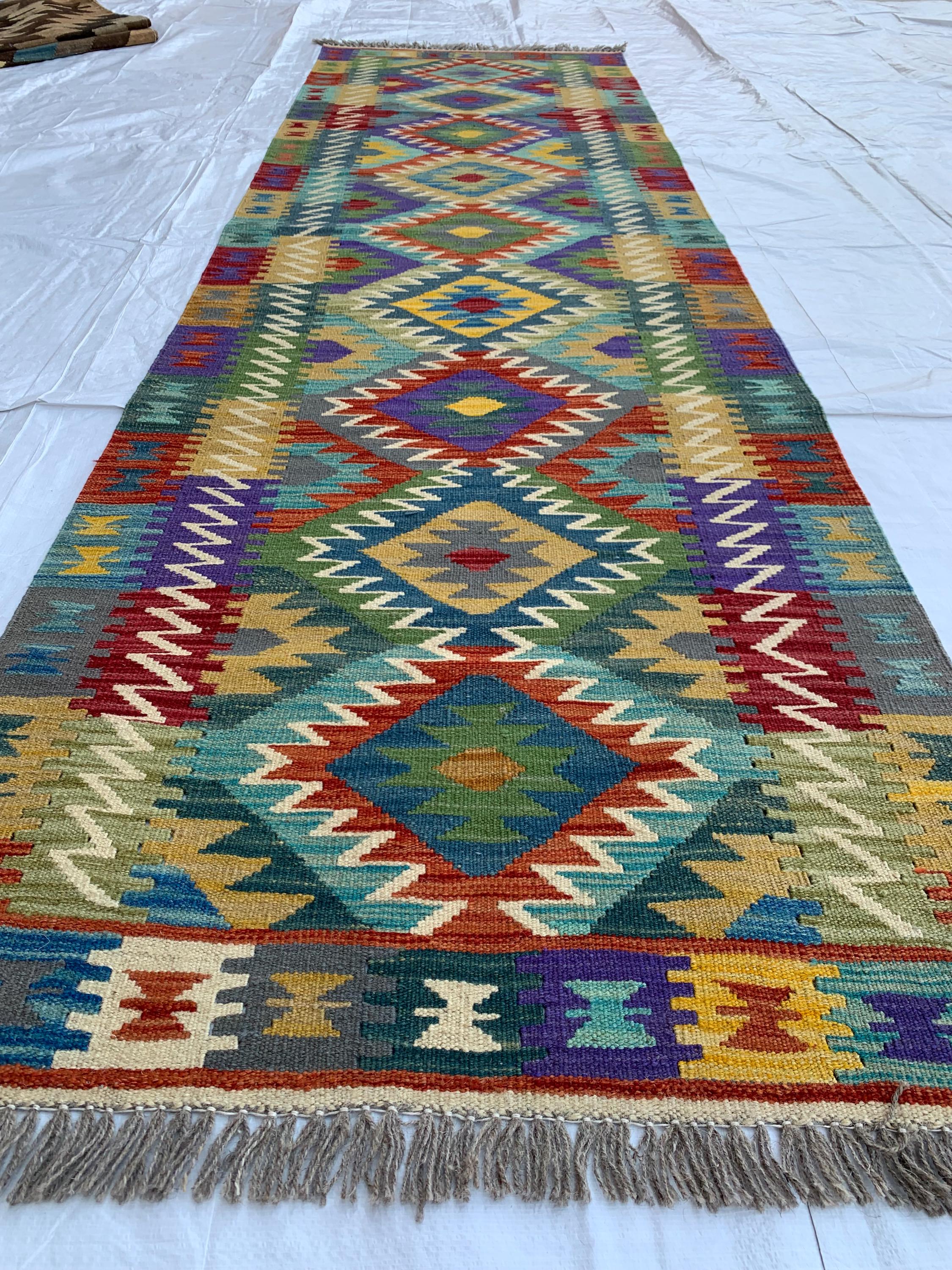 10x3 Handwoven Afghan Chobi Kilim Runner - Multicolor Wool Rug with Geometric Tribal Design, Perfect for Hallway, Entryway Decor 9.7x2.7 ft