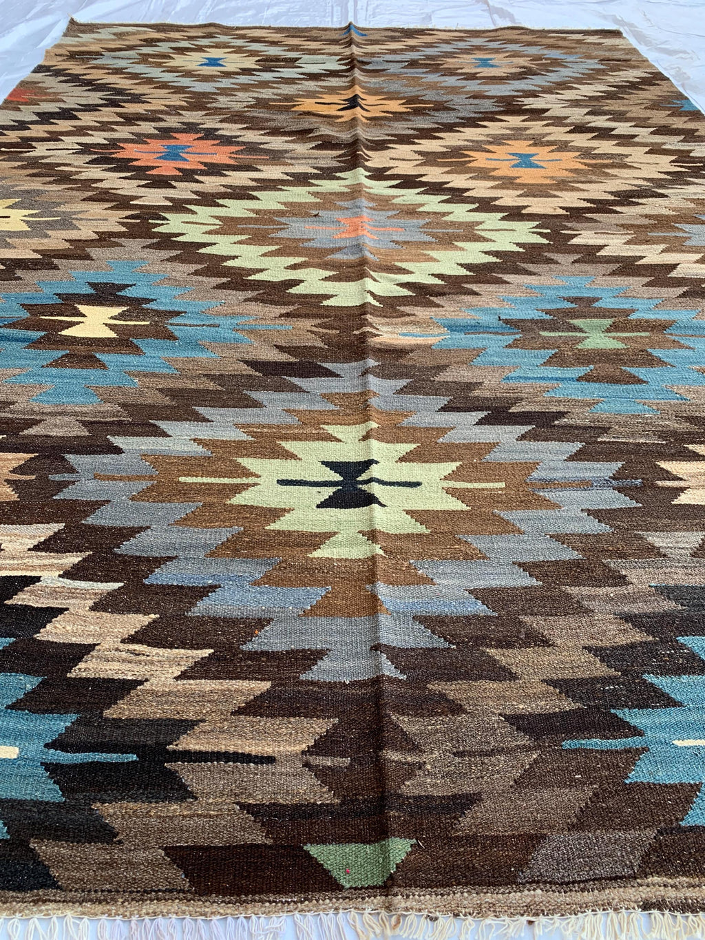 10x7 Handwoven Afghan Brown and Blue Kilim Rug -12 Geometric Wool Flatweave Carpet, Perfect for Living Room or Bedroom Decor 9.8x6.6