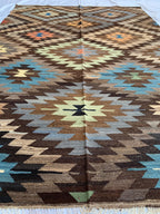 10x7 Handwoven Afghan Brown and Blue Kilim Rug -12 Geometric Wool Flatweave Carpet, Perfect for Living Room or Bedroom Decor 9.8x6.6