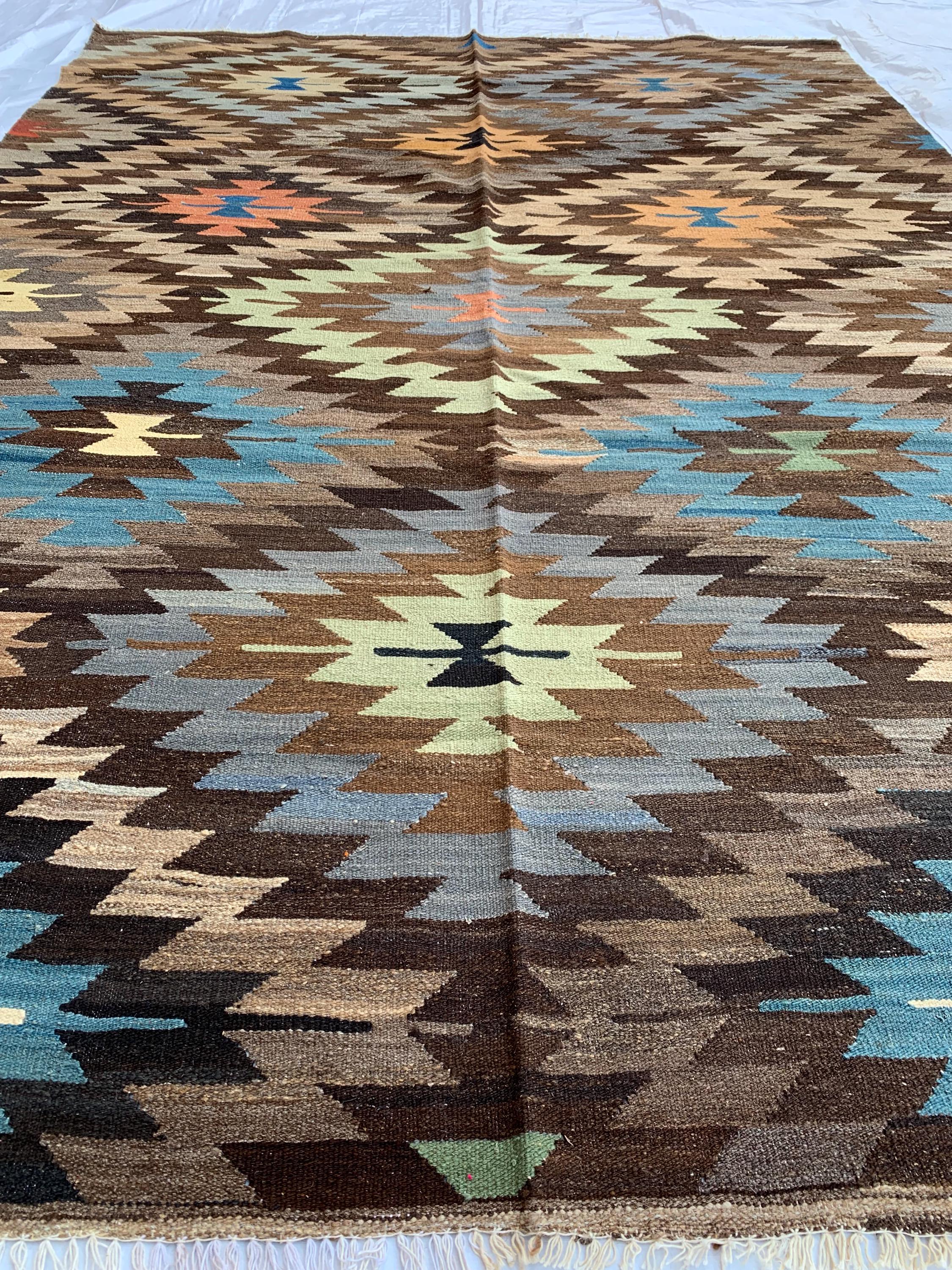 10x7 Handwoven Afghan Brown and Blue Kilim Rug -12 Geometric Wool Flatweave Carpet, Perfect for Living Room or Bedroom Decor 9.8x6.6