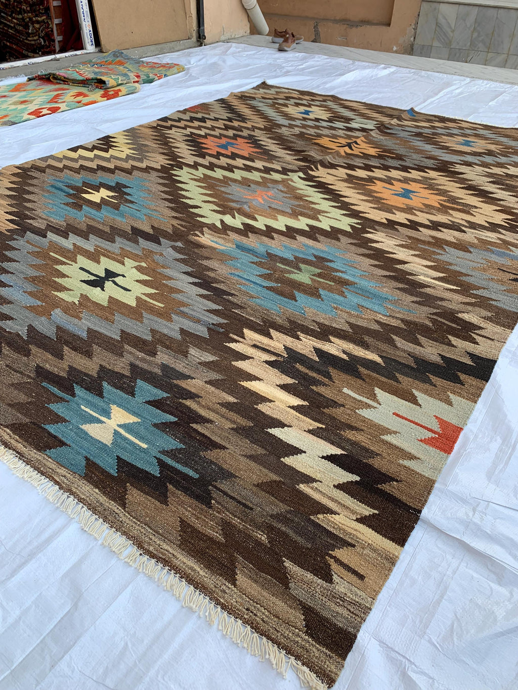 10x7 Handwoven Afghan Brown and Blue Kilim Rug -12 Geometric Wool Flatweave Carpet, Perfect for Living Room or Bedroom Decor 9.8x6.6