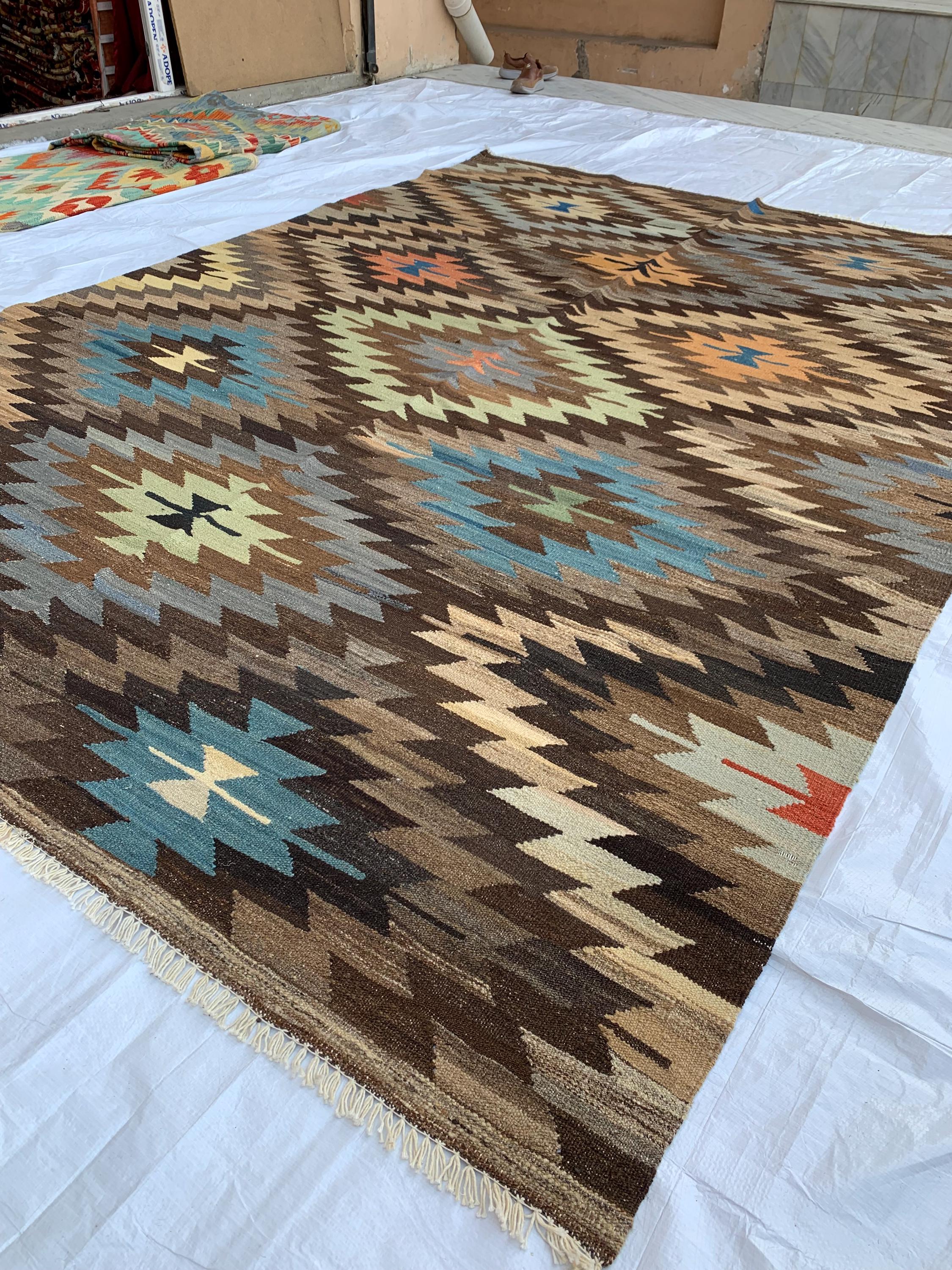 10x7 Handwoven Afghan Brown and Blue Kilim Rug -12 Geometric Wool Flatweave Carpet, Perfect for Living Room or Bedroom Decor 9.8x6.6