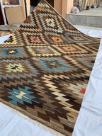 10x7 Handwoven Afghan Brown and Blue Kilim Rug -12 Geometric Wool Flatweave Carpet, Perfect for Living Room or Bedroom Decor 9.8x6.6