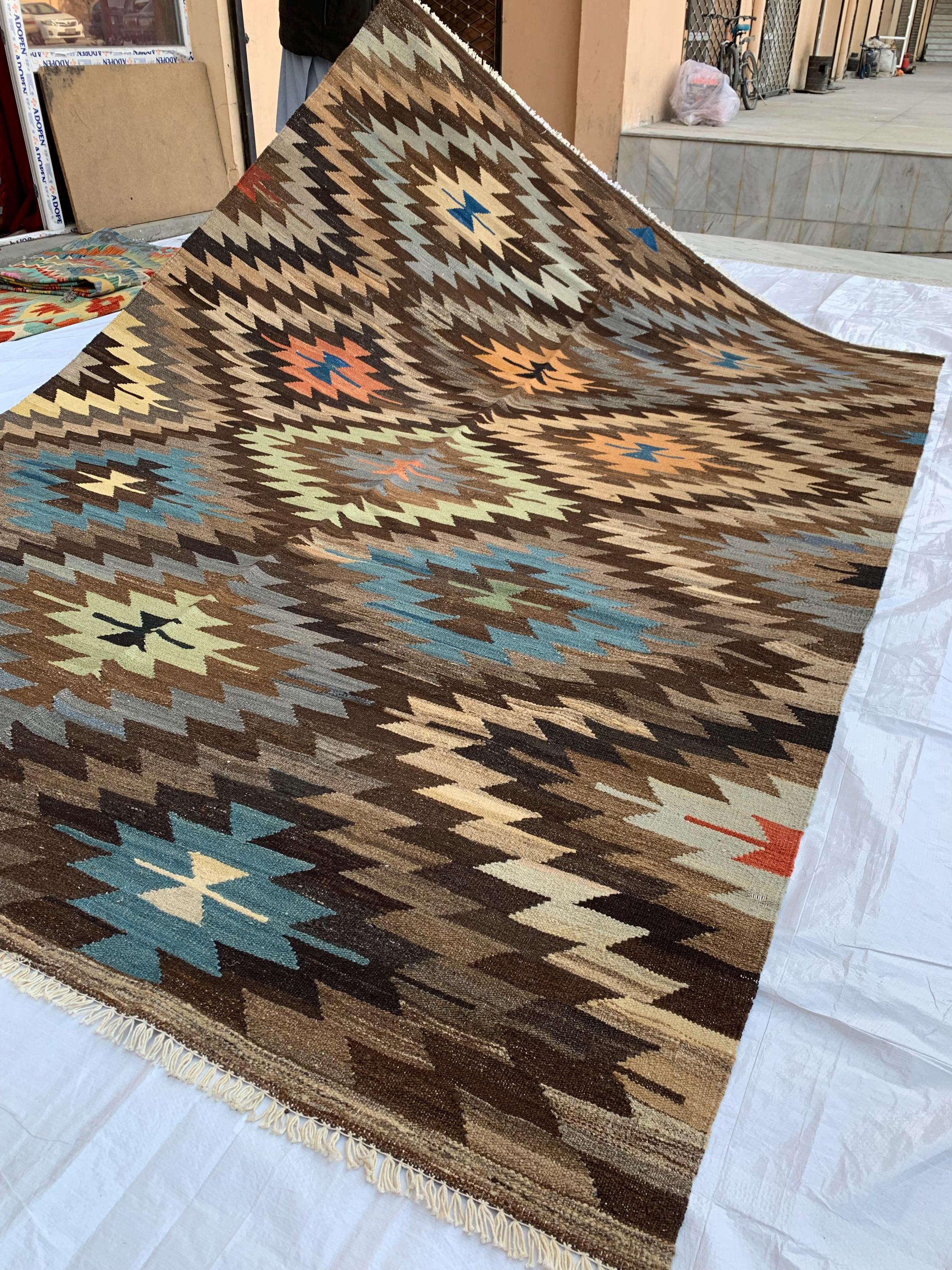 10x7 Handwoven Afghan Brown and Blue Kilim Rug -12 Geometric Wool Flatweave Carpet, Perfect for Living Room or Bedroom Decor 9.8x6.6