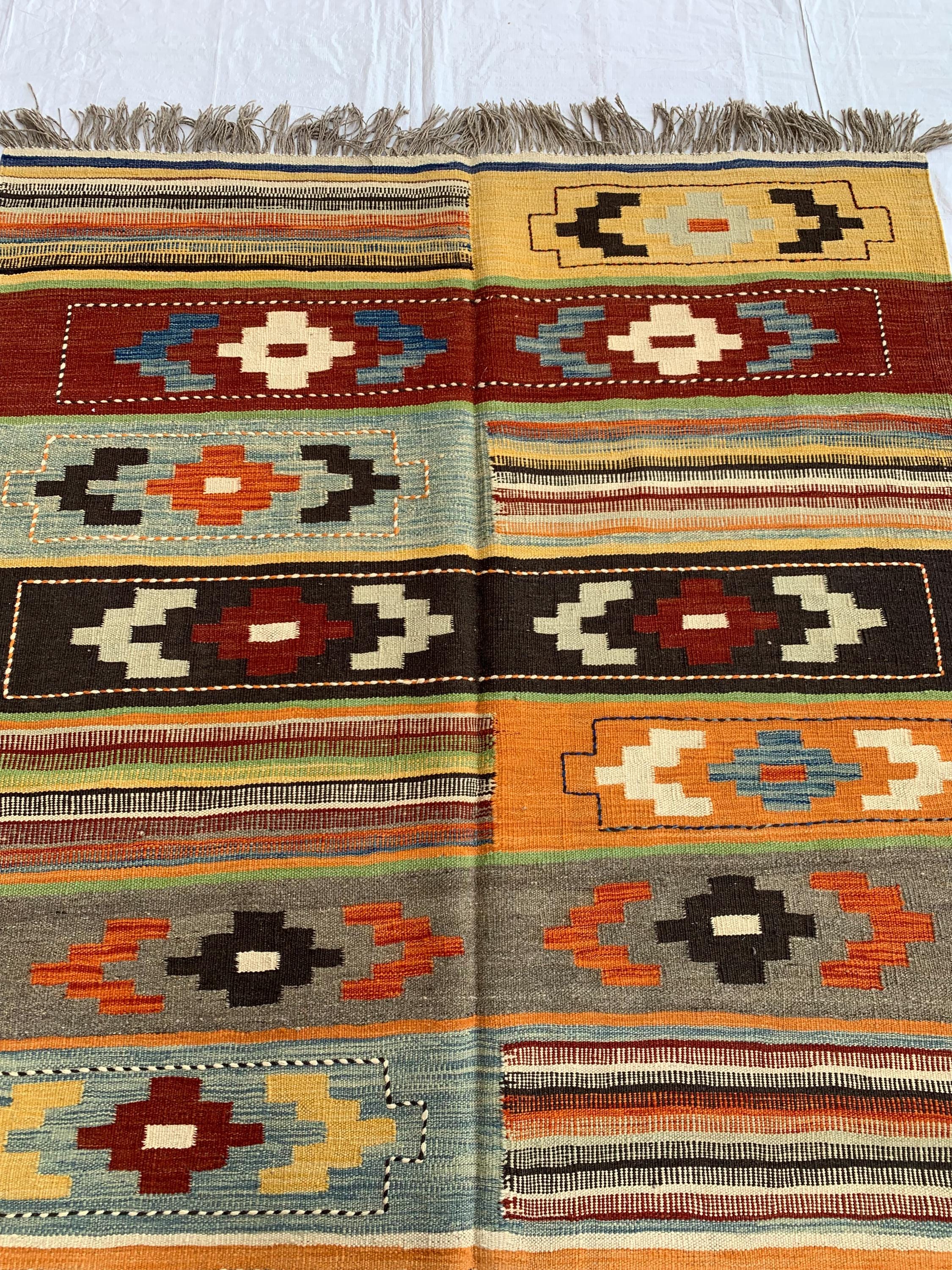 7x5 Handwoven Afghan Vibrant Color Kilim Rug - Geometric Wool Flatweave Carpet, Perfect for Living Room or Bedroom Decor 4.10x6.6 ft
