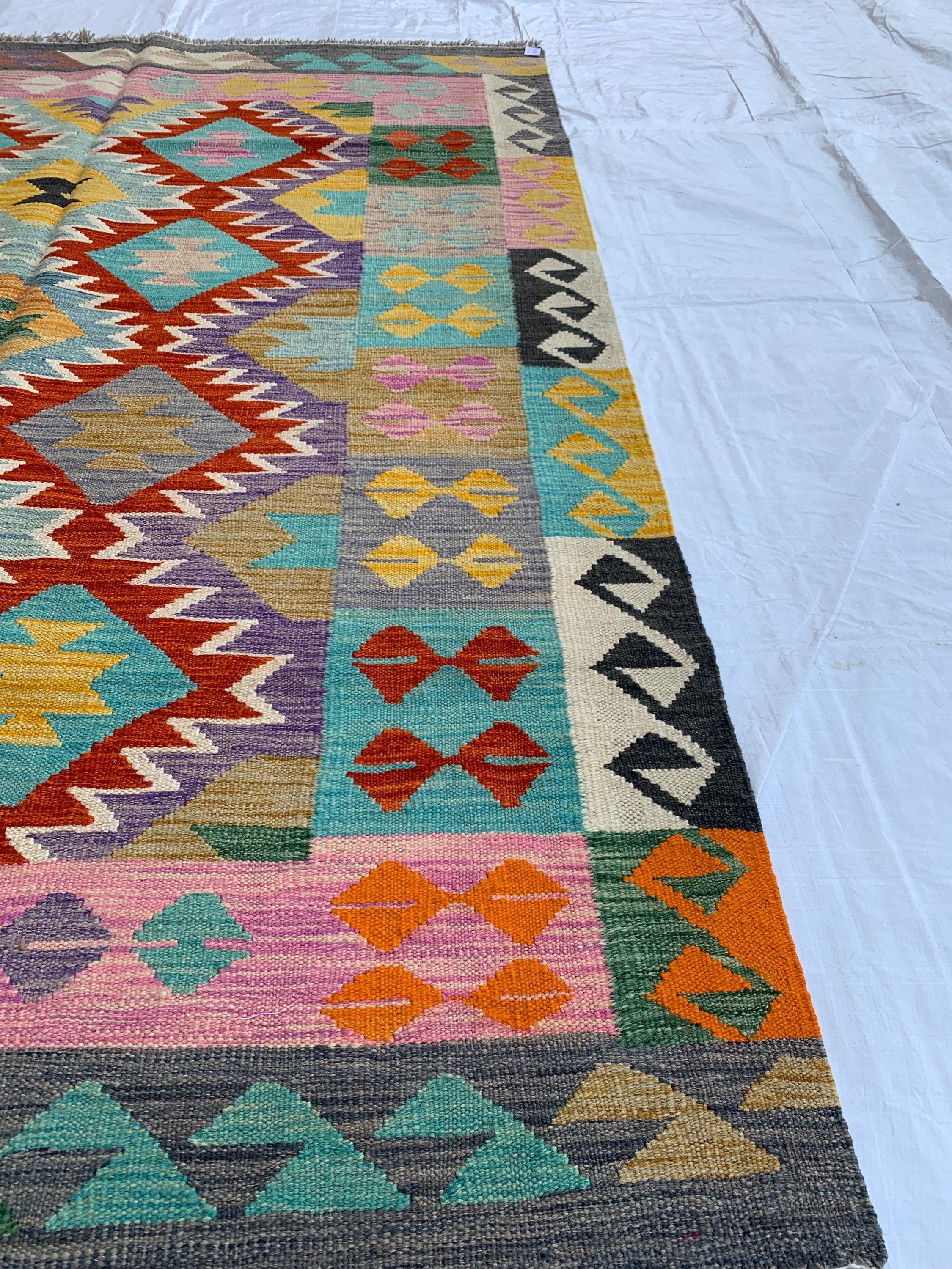 7x5 Handwoven Afghan Vibrant Colors Chobi Kilim Rug - Geometric Wool Flatweave Carpet, Perfect for Living Room or Bedroom Decor 6.5x4.10 ft