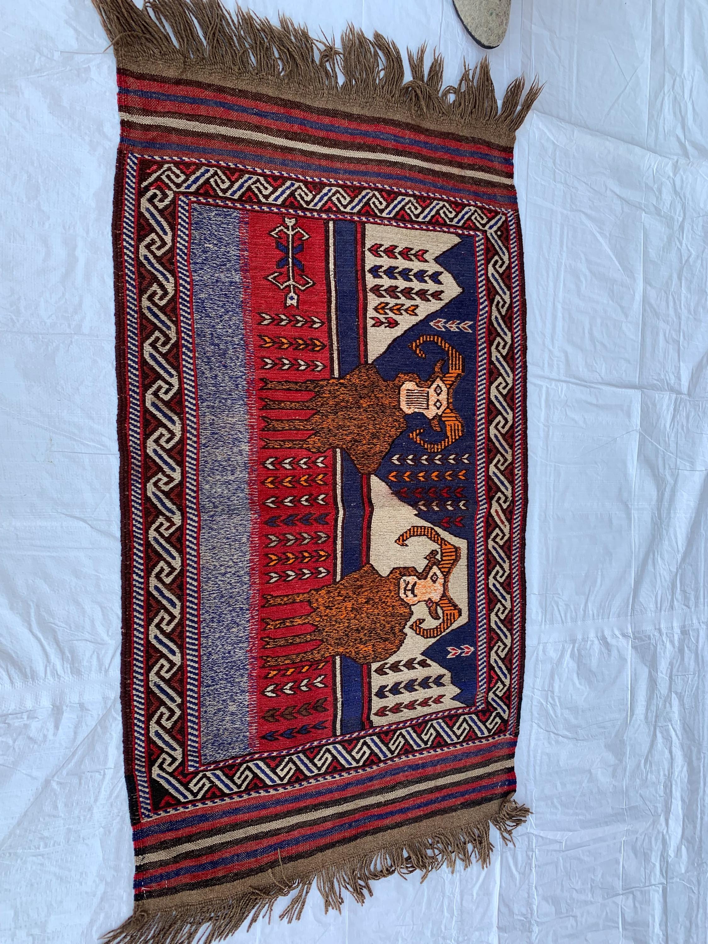 Handwoven Afghan Tribal Rug - 4.10x2.10 ft - Unique Wool Art Piece with Mountain Goat Design, Ideal for Wall Hanging or Small Area Decor