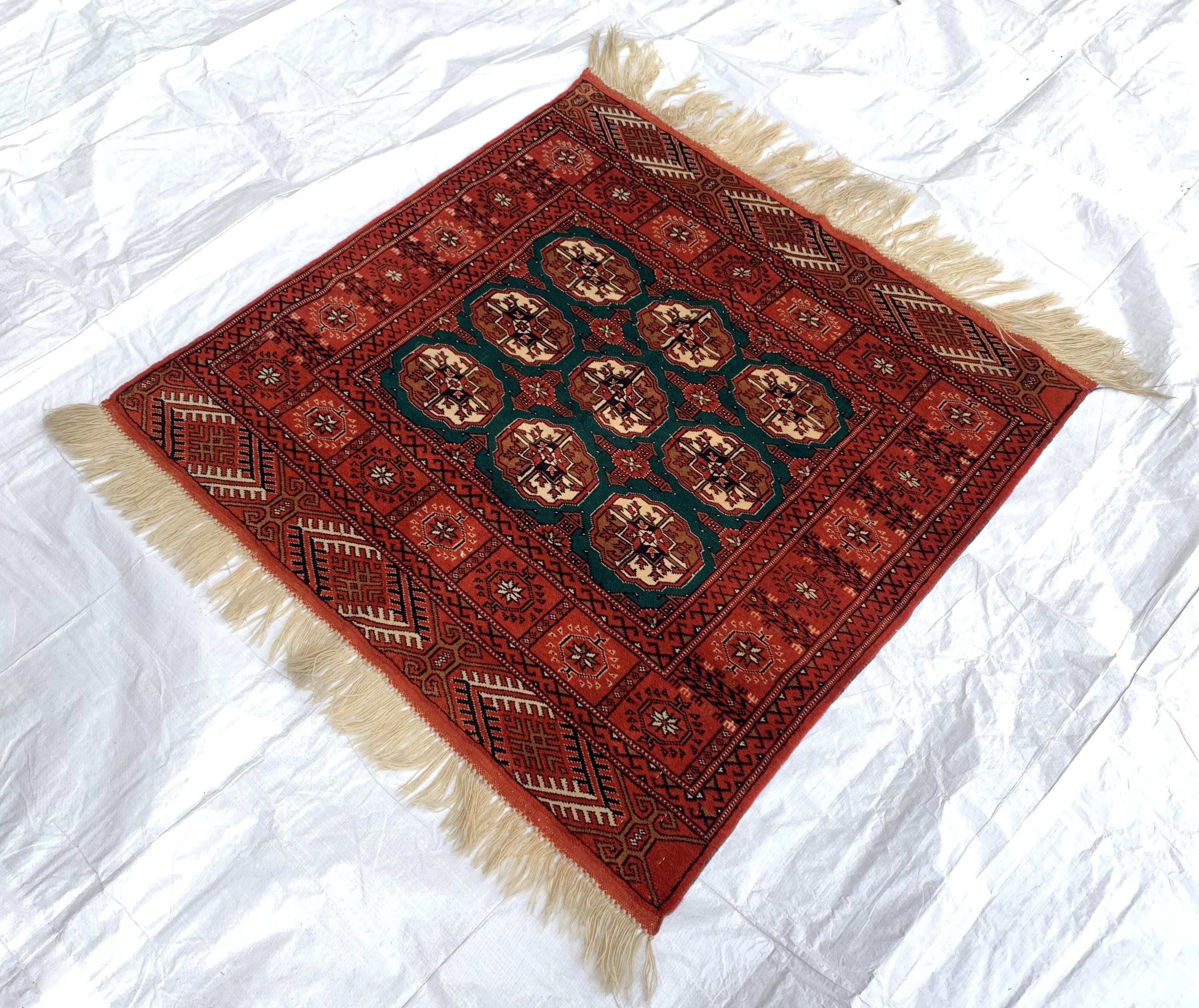 3x3 Square Antique Ahal Gul Rug – Rare Turkmen Tribal Hand-Knotted Carpet | Authentic Vintage Wool Rug | Bohemian Home Décor 3.4x3.4 ft