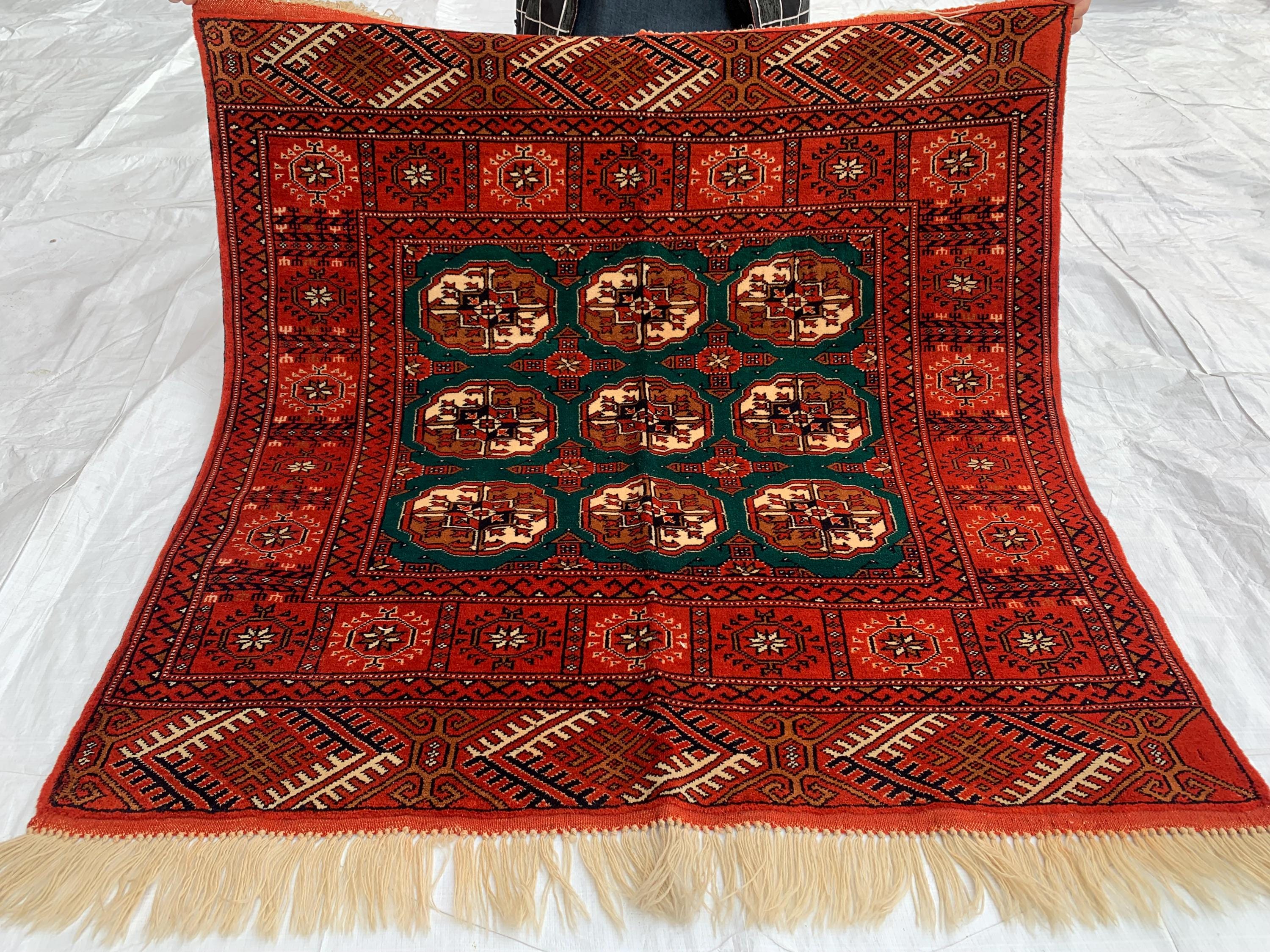 3x3 Square Antique Ahal Gul Rug – Rare Turkmen Tribal Hand-Knotted Carpet | Authentic Vintage Wool Rug | Bohemian Home Décor 3.4x3.4 ft