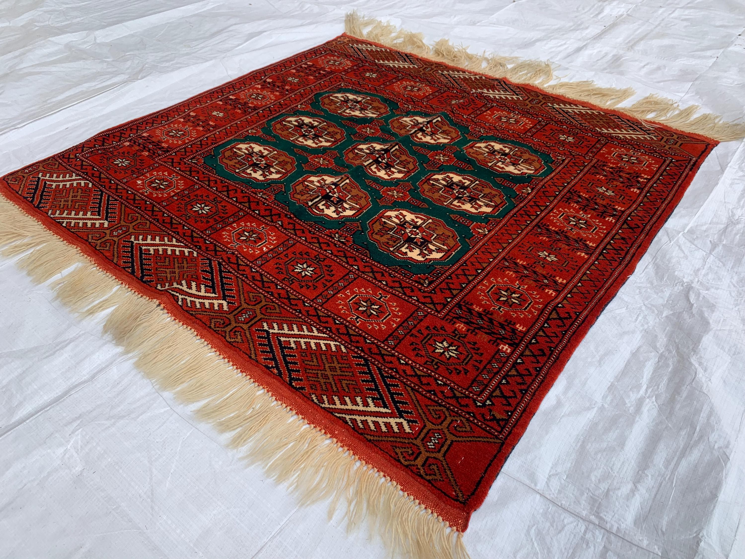 3x3 Square Antique Ahal Gul Rug – Rare Turkmen Tribal Hand-Knotted Carpet | Authentic Vintage Wool Rug | Bohemian Home Décor 3.4x3.4 ft