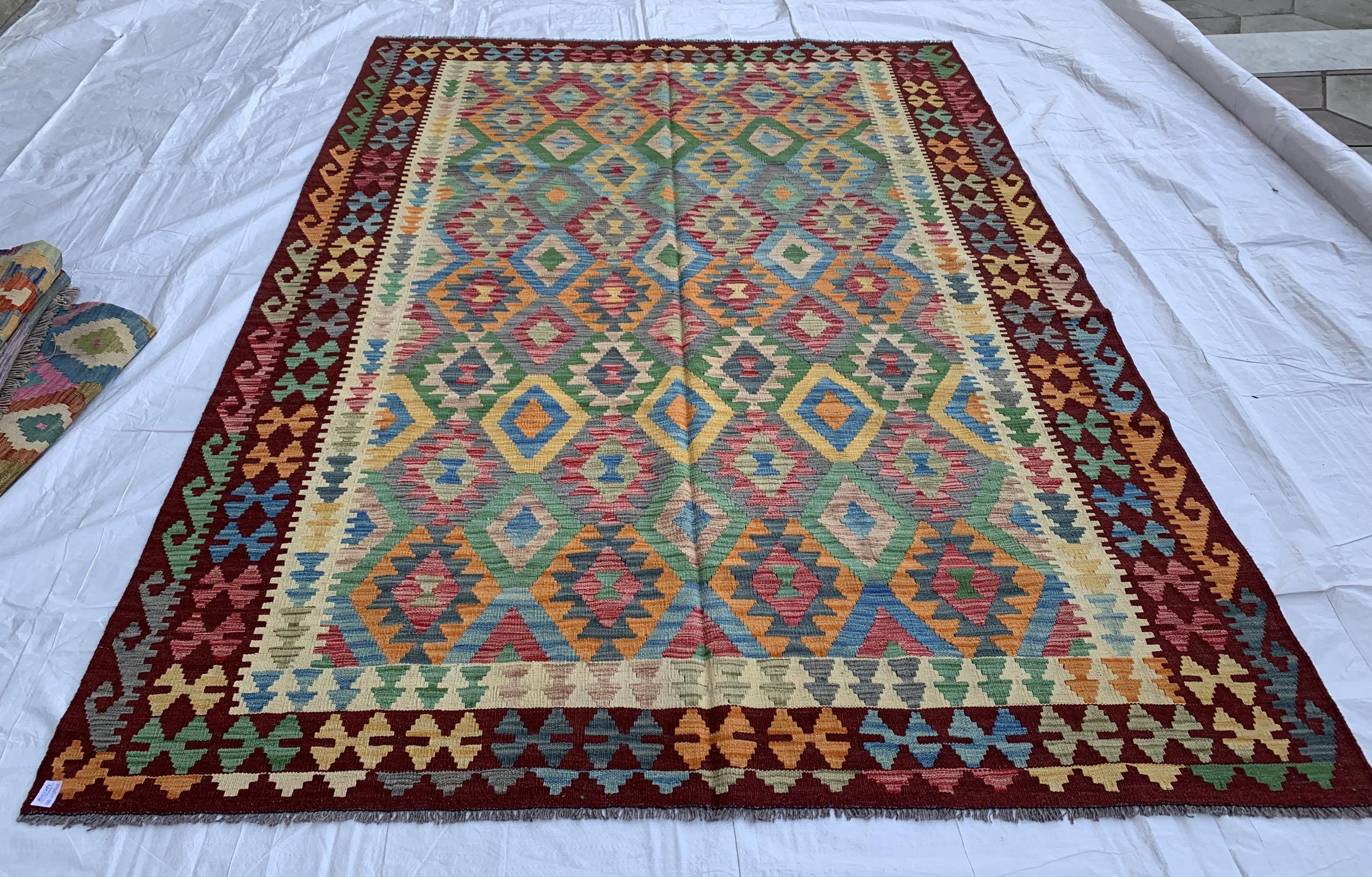 10x7 Handwoven Afghan Rich Red and Multicolor Kilim Rug - Geometric Wool Flatweave Carpet, Perfect for Living Room or Bedroom Decor 9.6x6.5