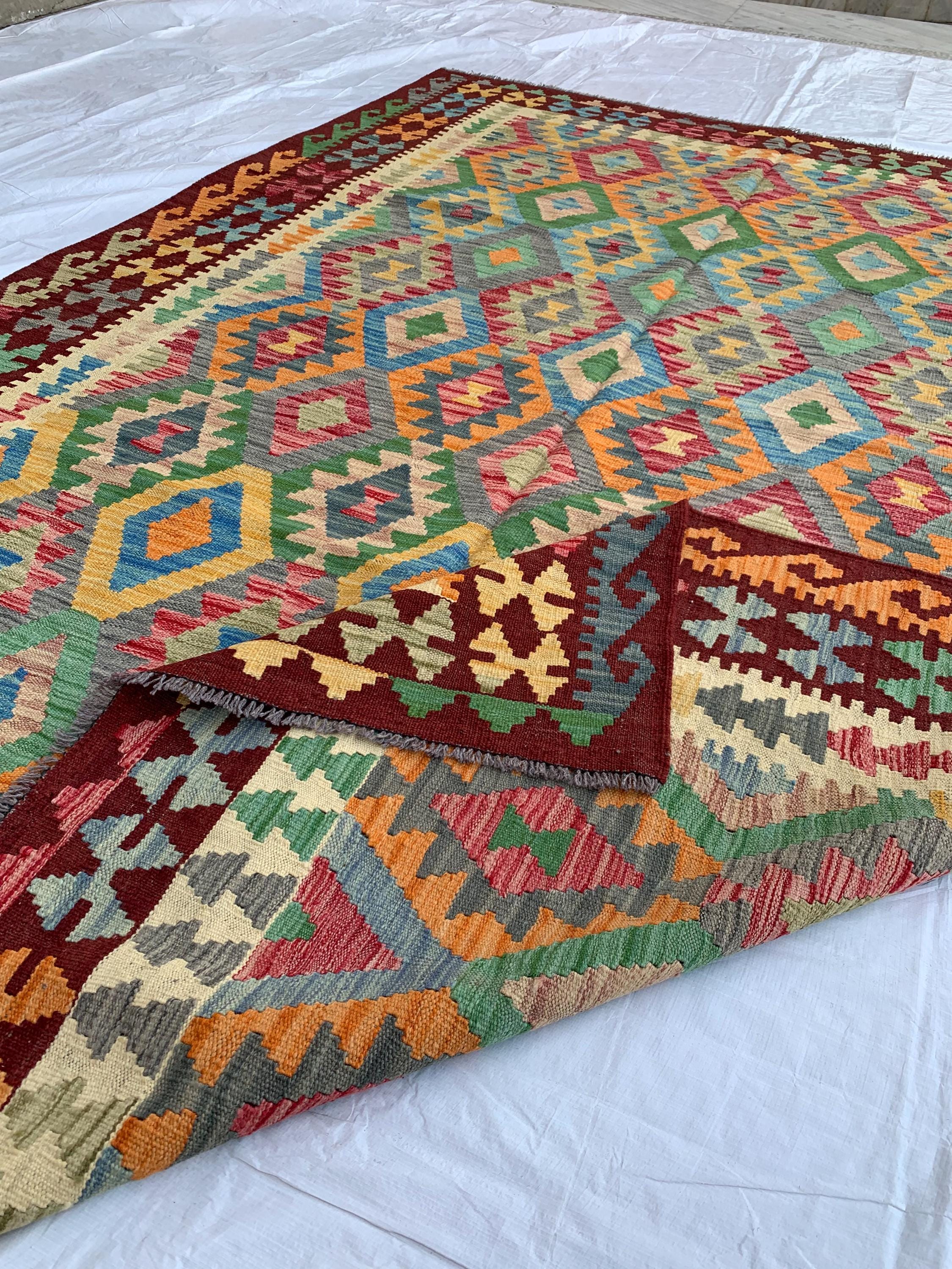 10x7 Handwoven Afghan Rich Red and Multicolor Kilim Rug - Geometric Wool Flatweave Carpet, Perfect for Living Room or Bedroom Decor 9.6x6.5