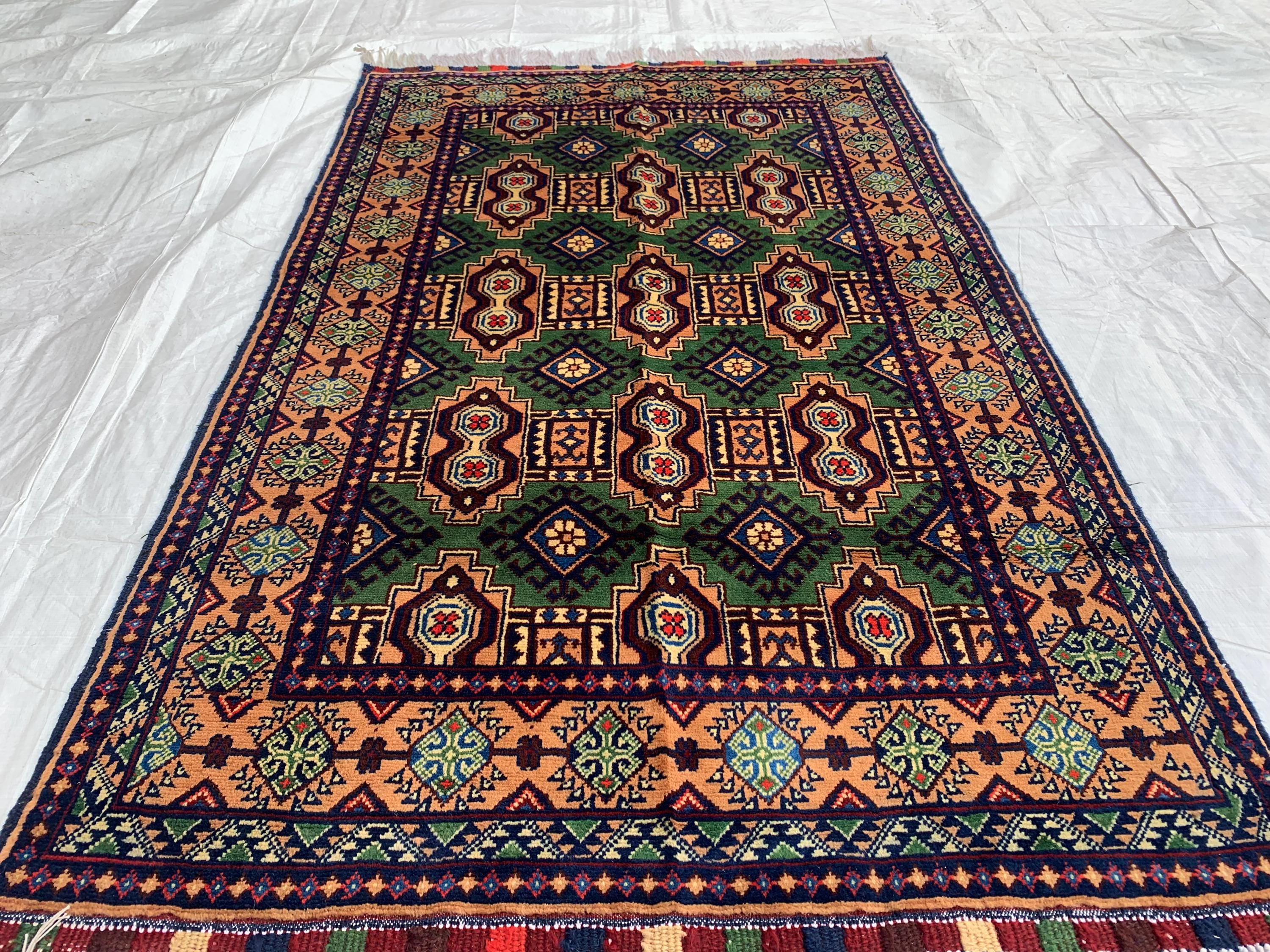 5x3 Geometric Maranus Rug – Hand-Knotted Afghan Tribal Carpet 5.4x3.4 ft | Vintage Wool Area Rug | Bold Green and Peach Bohemian Home Décor