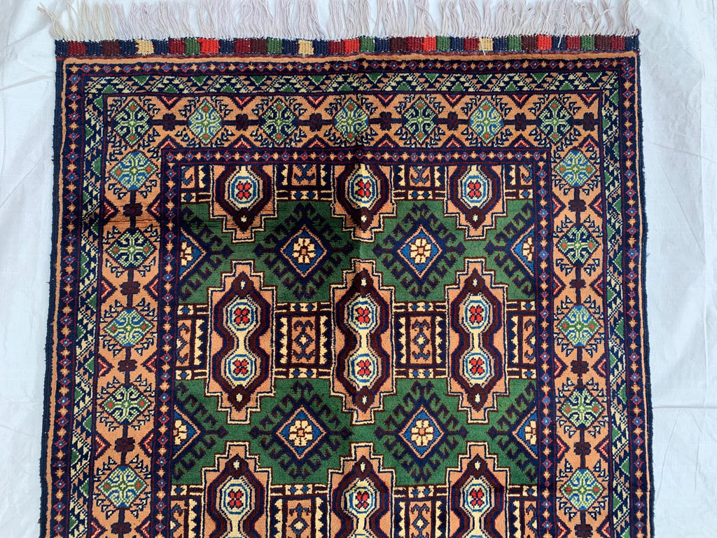 5x3 Geometric Maranus Rug – Hand-Knotted Afghan Tribal Carpet 5.4x3.4 ft | Vintage Wool Area Rug | Bold Green and Peach Bohemian Home Décor