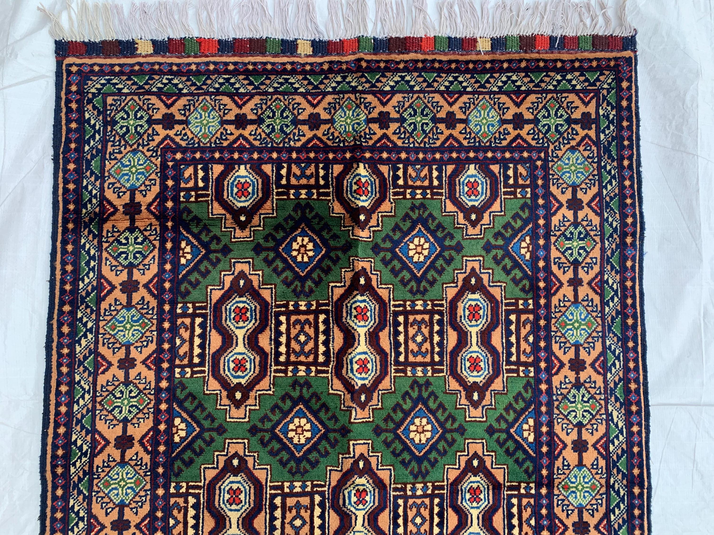 5x3 Geometric Maranus Rug – Hand-Knotted Afghan Tribal Carpet 5.4x3.4 ft | Vintage Wool Area Rug | Bold Green and Peach Bohemian Home Décor