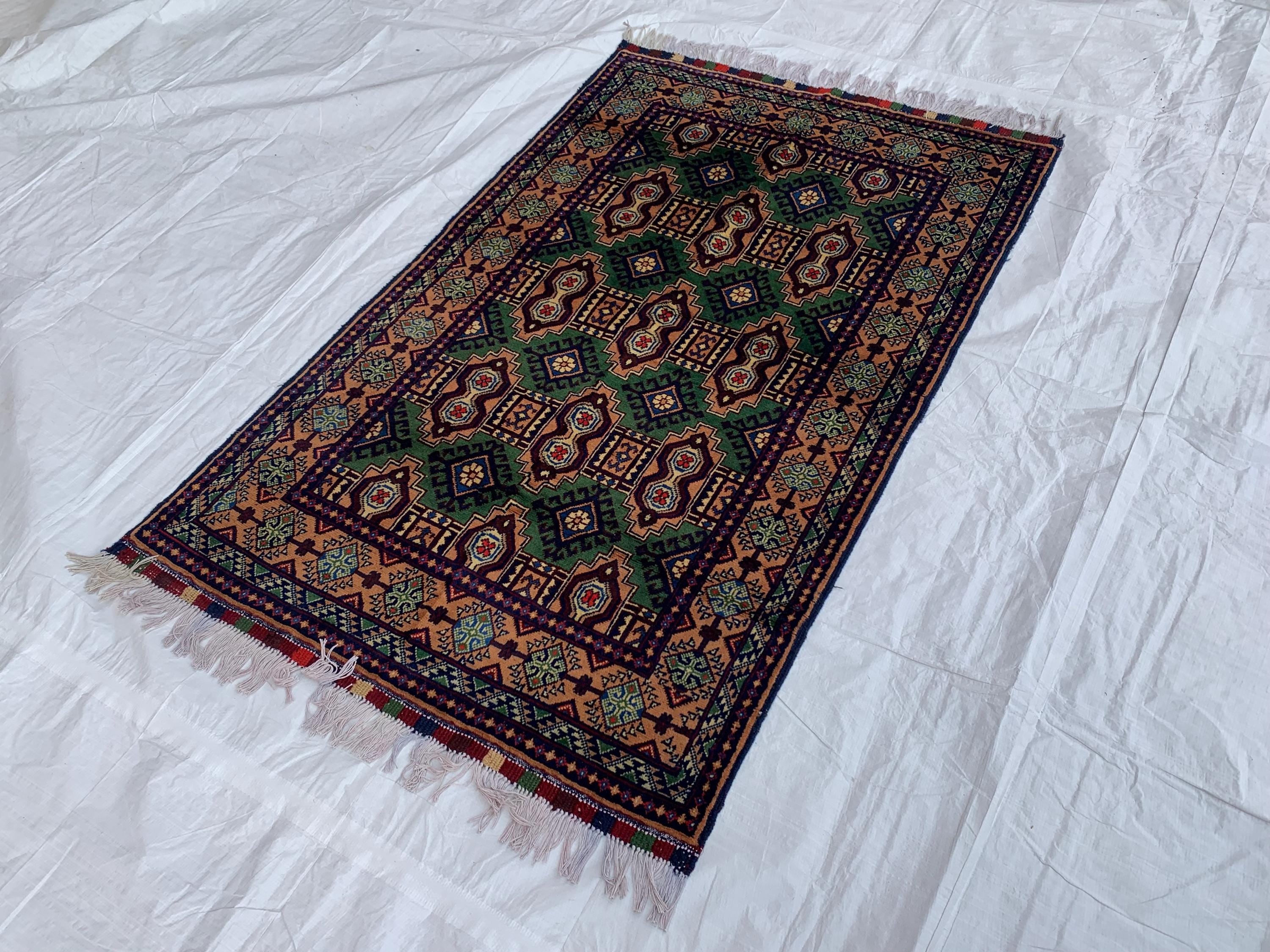 5x3 Geometric Maranus Rug – Hand-Knotted Afghan Tribal Carpet 5.4x3.4 ft | Vintage Wool Area Rug | Bold Green and Peach Bohemian Home Décor