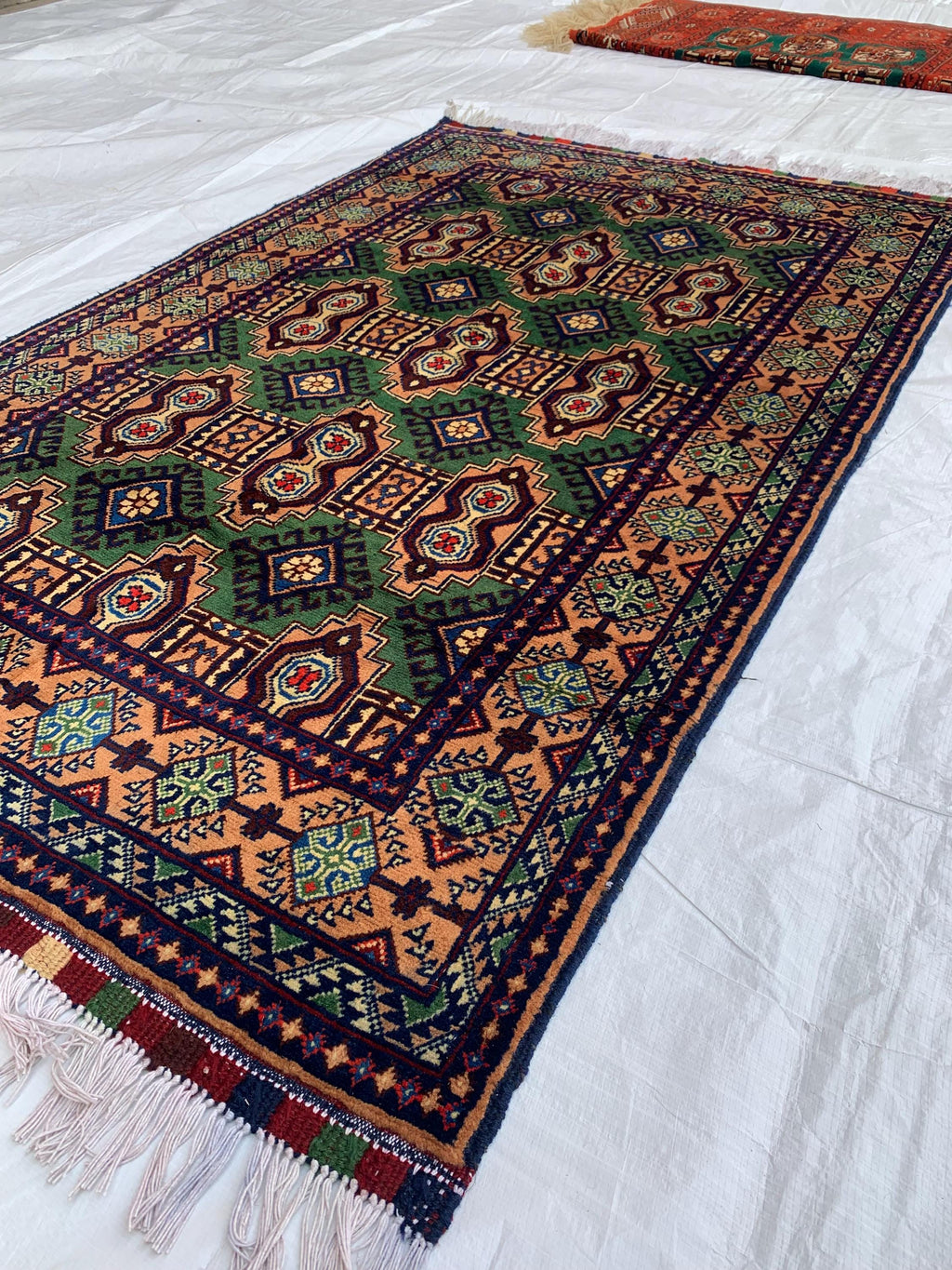 5x3 Geometric Maranus Rug – Hand-Knotted Afghan Tribal Carpet 5.4x3.4 ft | Vintage Wool Area Rug | Bold Green and Peach Bohemian Home Décor
