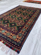5x3 Geometric Maranus Rug – Hand-Knotted Afghan Tribal Carpet 5.4x3.4 ft | Vintage Wool Area Rug | Bold Green and Peach Bohemian Home Décor