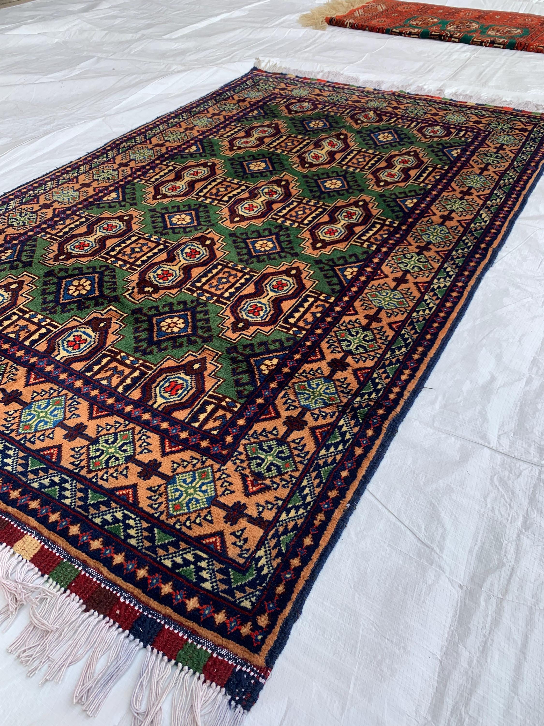 5x3 Geometric Maranus Rug – Hand-Knotted Afghan Tribal Carpet 5.4x3.4 ft | Vintage Wool Area Rug | Bold Green and Peach Bohemian Home Décor
