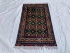 5x3 Geometric Maranus Rug – Hand-Knotted Afghan Tribal Carpet 5.4x3.4 ft | Vintage Wool Area Rug | Bold Green and Peach Bohemian Home Décor