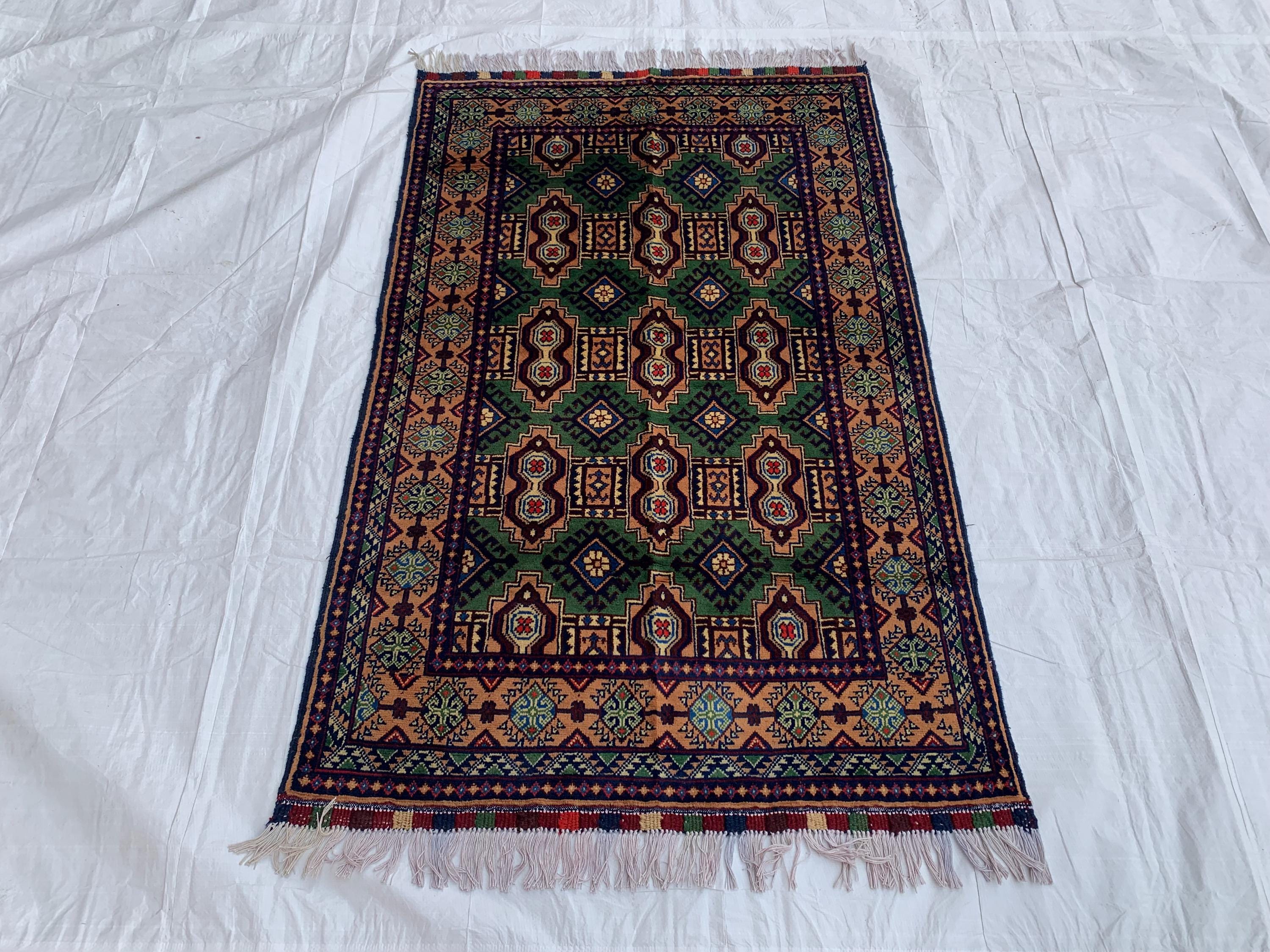 5x3 Geometric Maranus Rug – Hand-Knotted Afghan Tribal Carpet 5.4x3.4 ft | Vintage Wool Area Rug | Bold Green and Peach Bohemian Home Décor