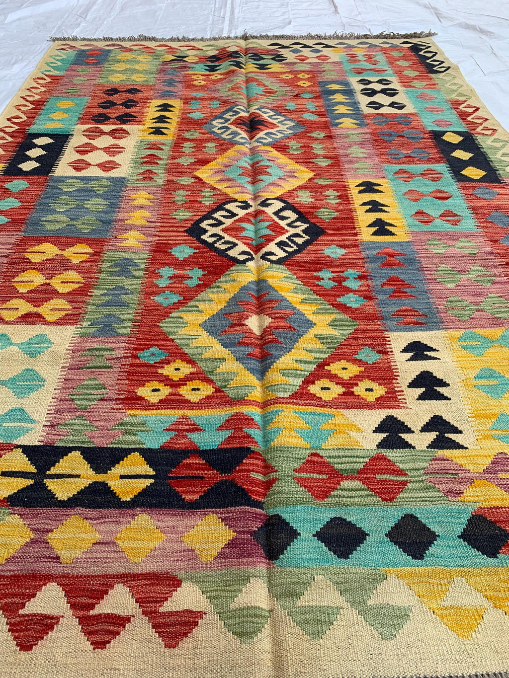 8x6 Handwoven Afghan Vibrant Colors Chobi Kilim Rug - Geometric Wool Flatweave Carpet, Perfect for Living Room or Bedroom Decor 7.11x5.8 ft